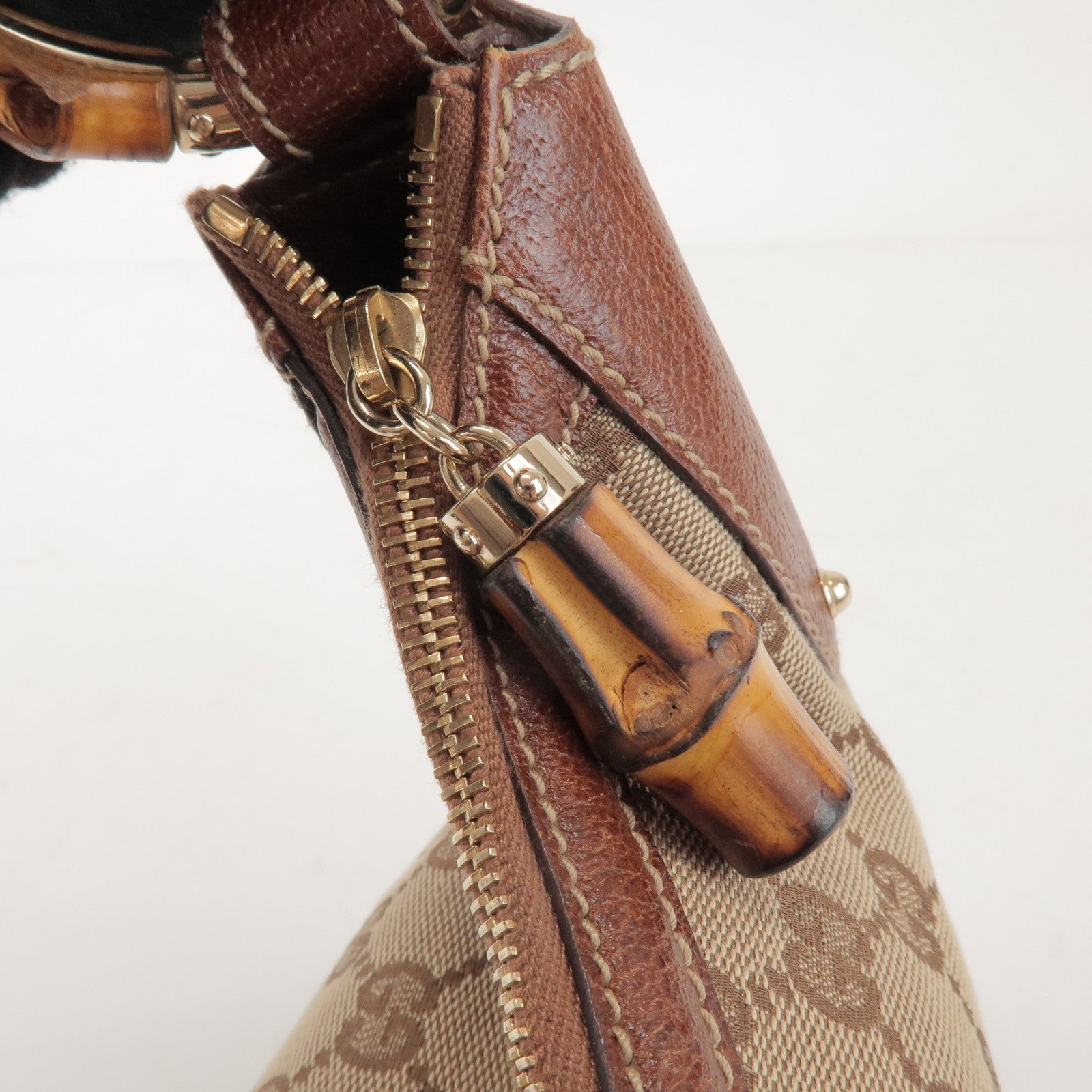 GUCCI Bamboo GG Canvas Leather Shoulder Bag Beige Brown 137577