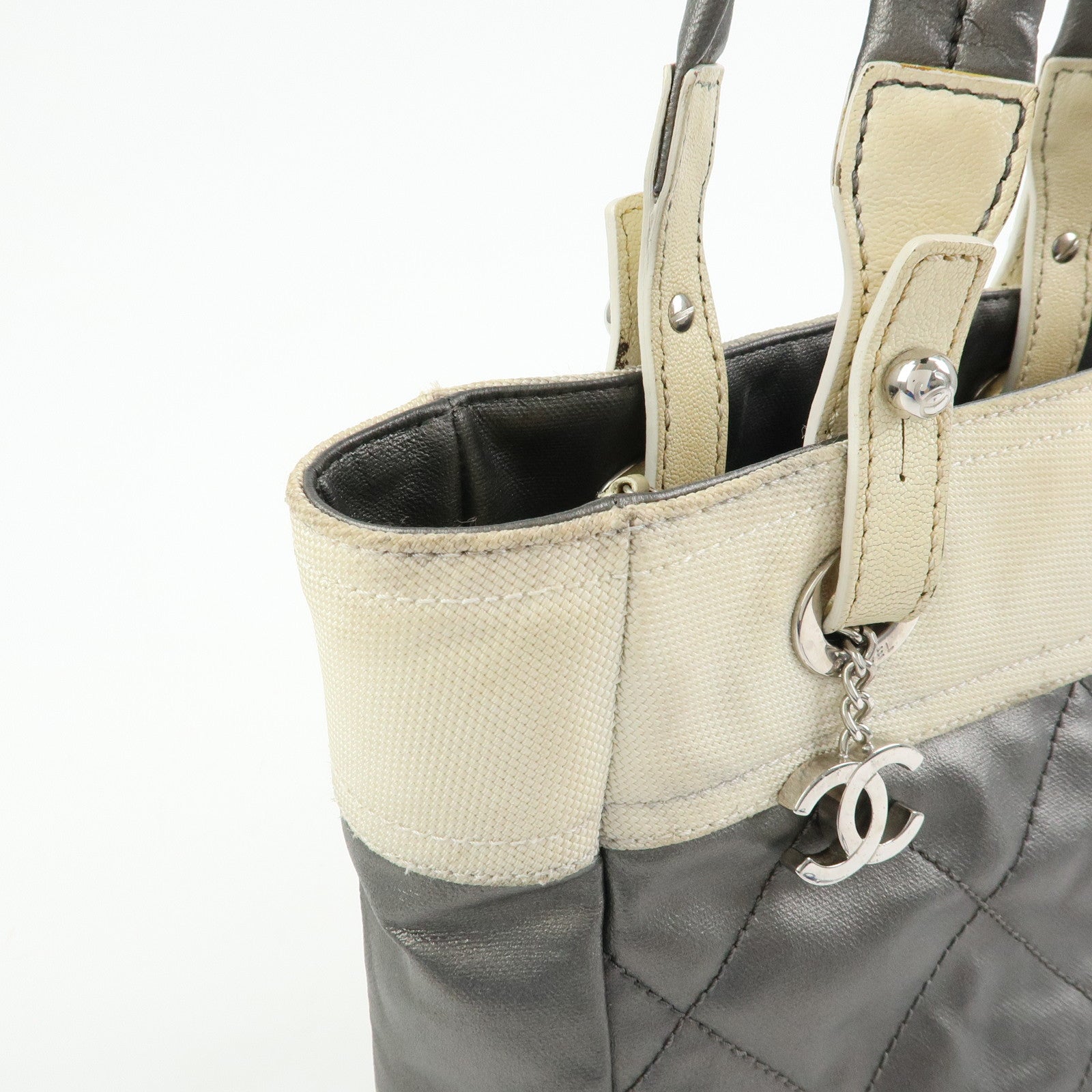 CHANEL Paris Biarritz PM Coated Canvas Leather Tote Bag Gray A34208