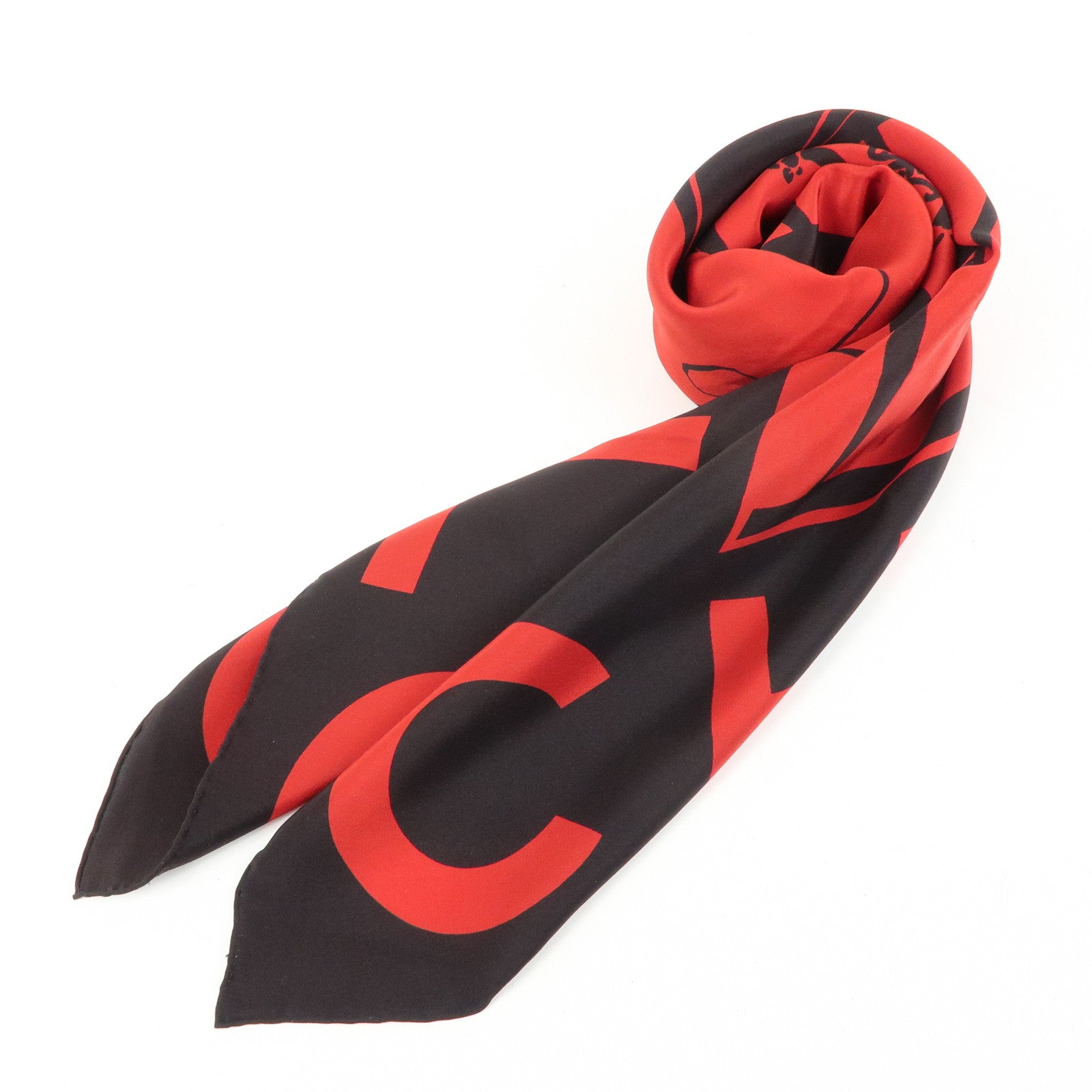 CHANEL Cambon Line Logo Silk 100% Scarf Red Black