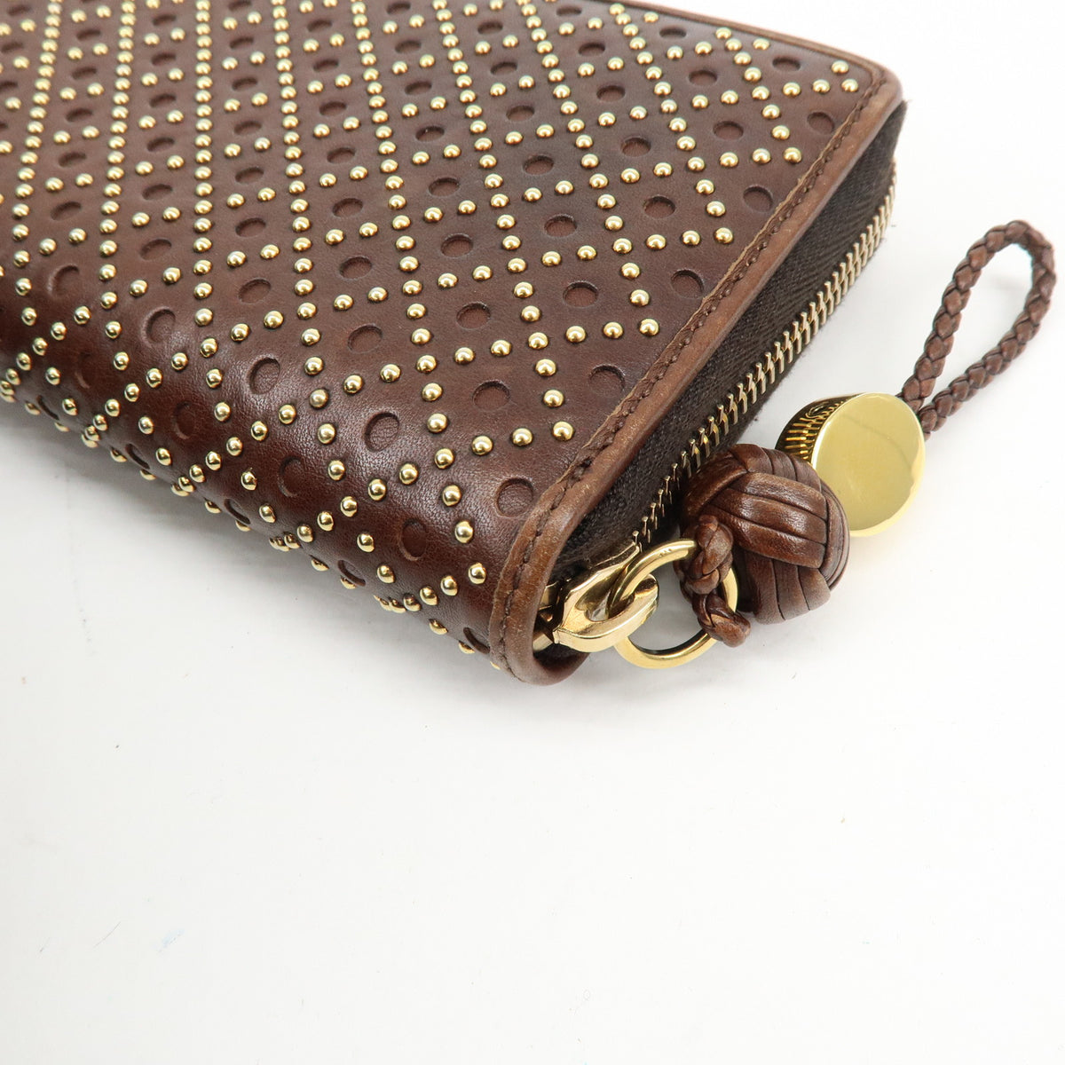 GUCCI Leather Round Zippy Long Wallet Studs Brown Gold 264733