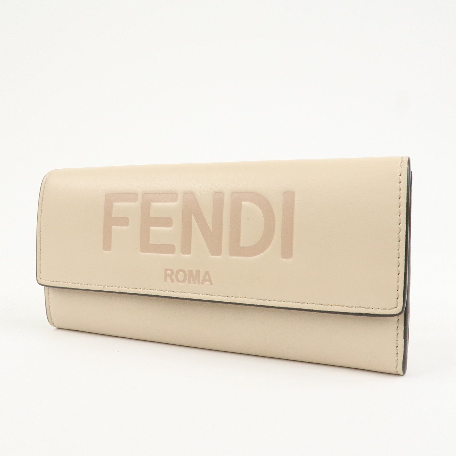 FENDI Logo Leather Flap Continental Long Wallet Beige 8M0251
