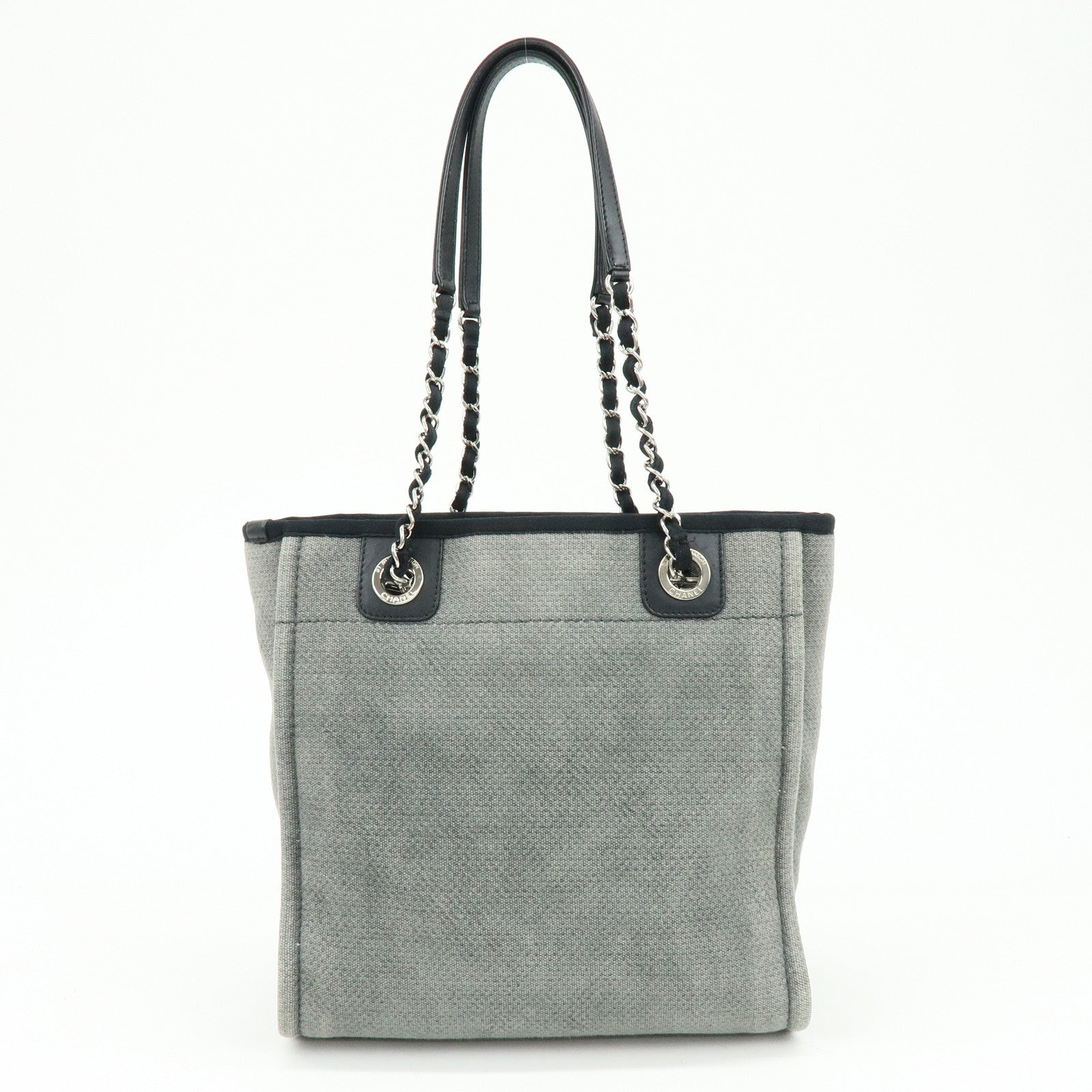 CHANEL Deauville PM Canvas Leather Chain Tote Bag Grey A66939