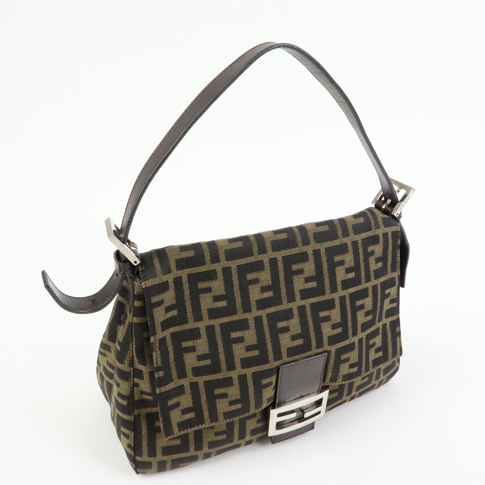 FENDI Mamma Baguette Zucca Canvas Leather Shoulder Bag Brown 26325