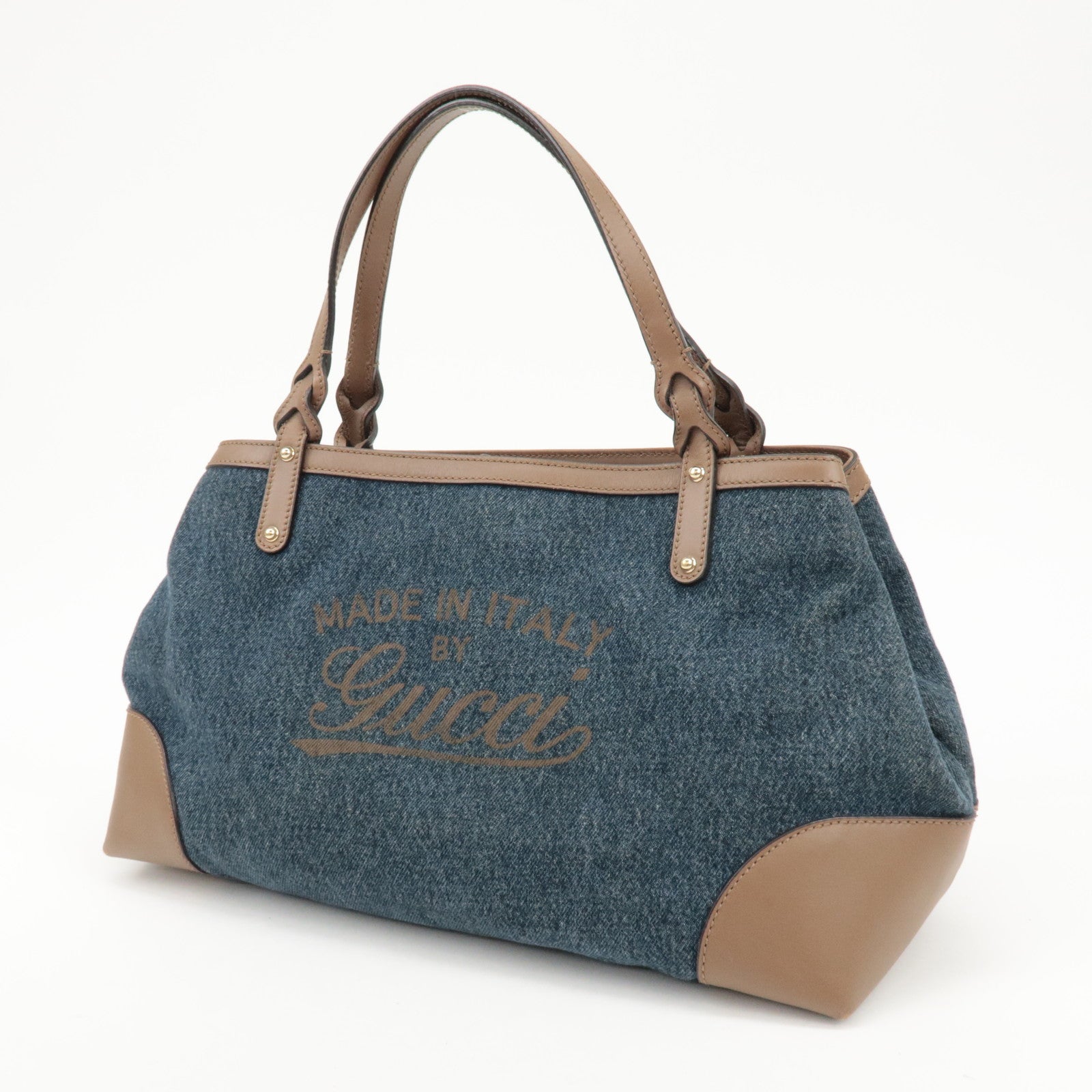 GUCCI Craft Denim Leather Tote Bag Hand Bag Navy Brown 348715 Used