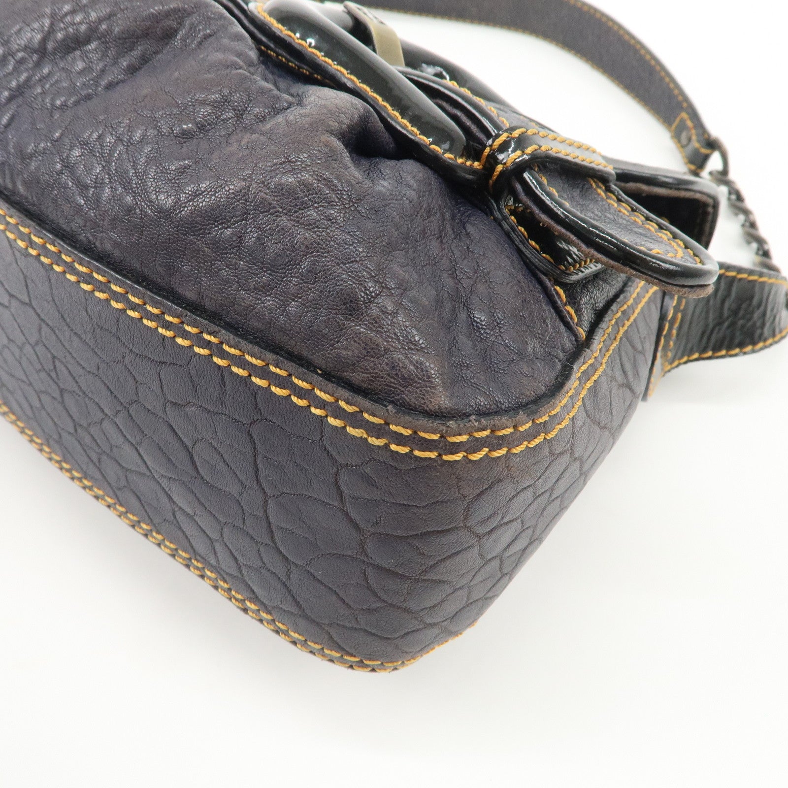 FENDI Leather Patent Leather shoulder Bag Belt Navy 8BR551