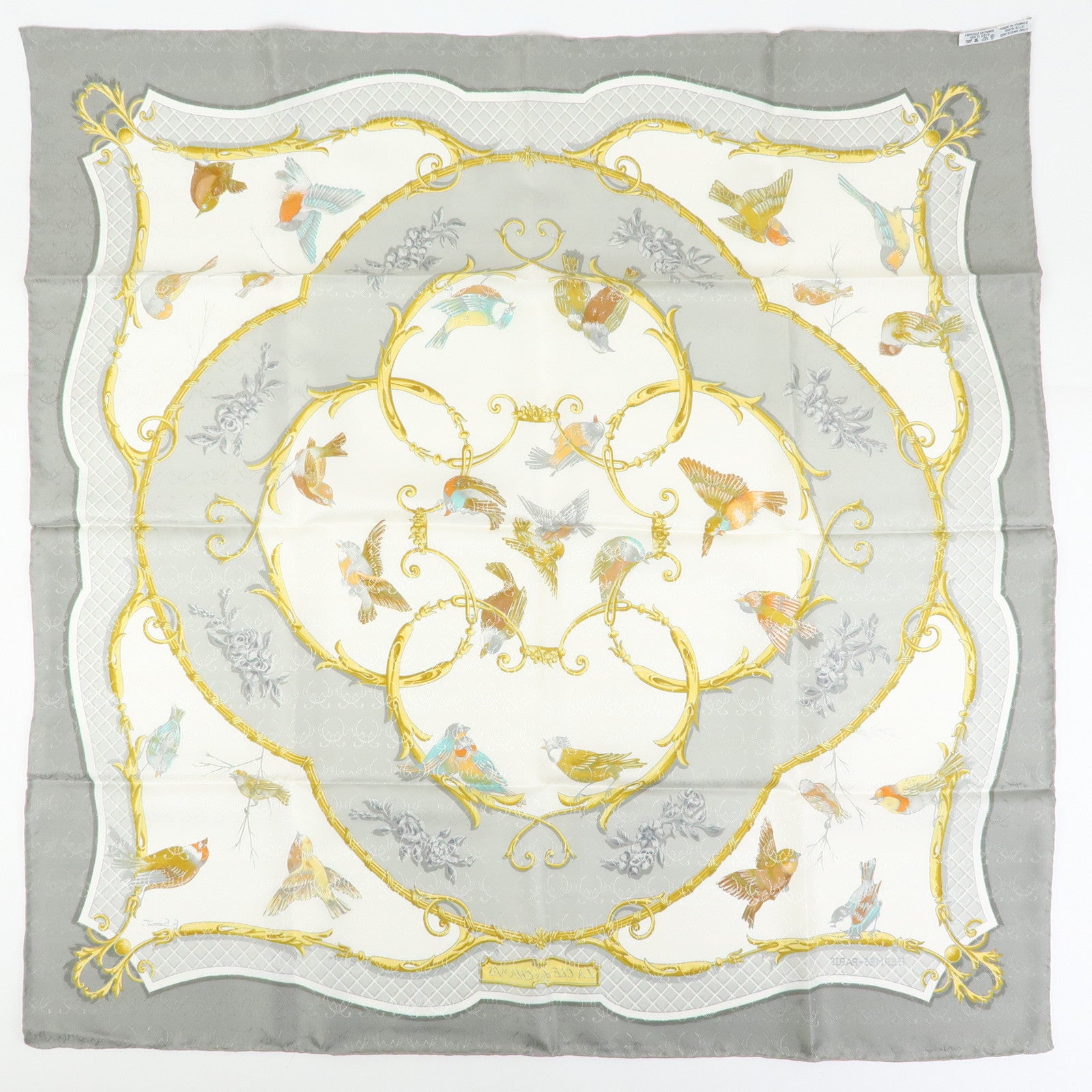 HERMES Carre 90 Silk 100% Scarf LA CLE des CHAMPS Gray Gold Brown