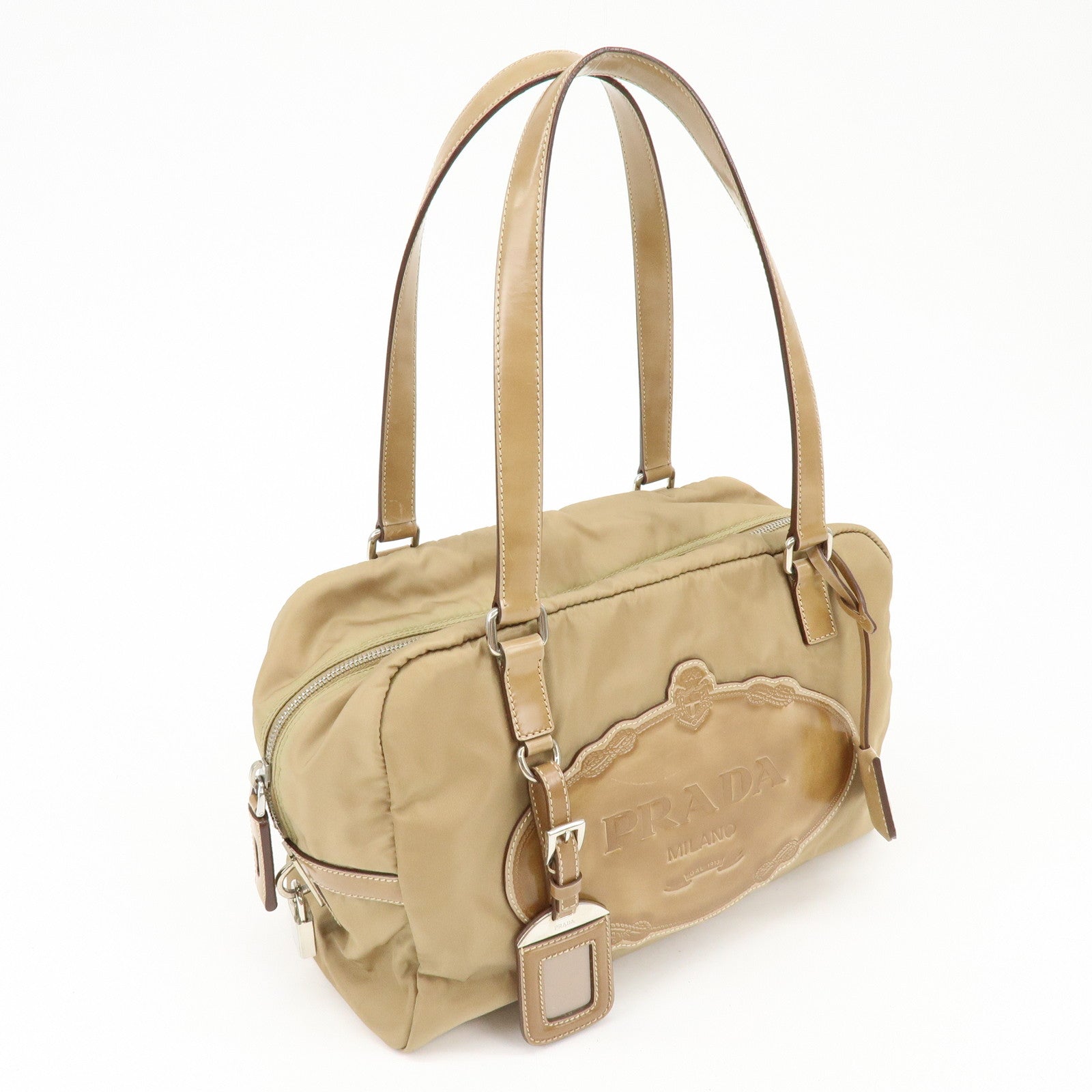 PRADA Logo Nylon Leather Shoulder Bag Boston Bag Beige BR3150