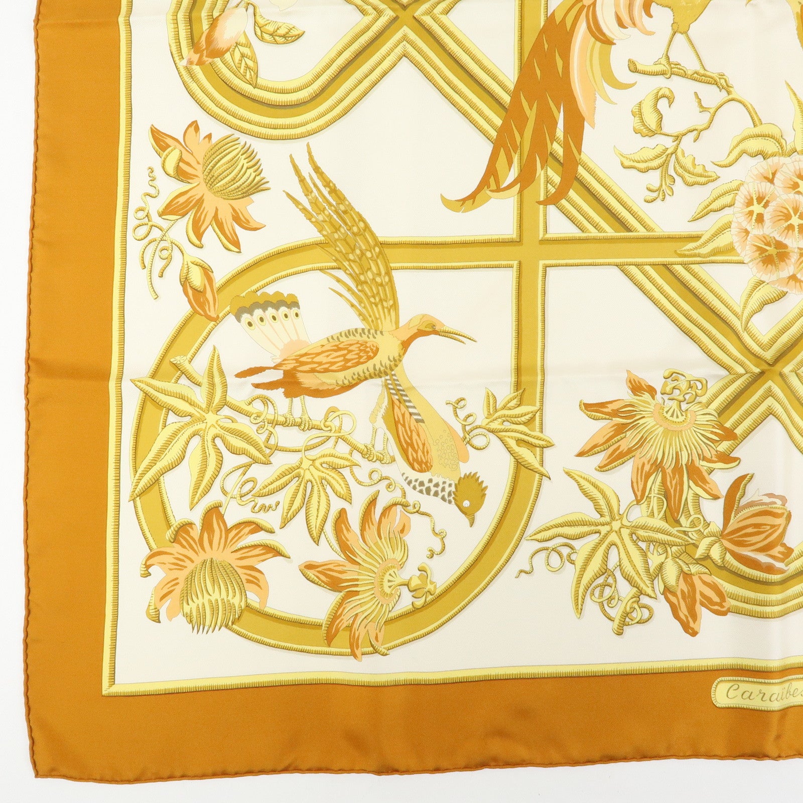 HERMES Carre Silk 100% Scarf Caraibes Oiseaux Light Brown