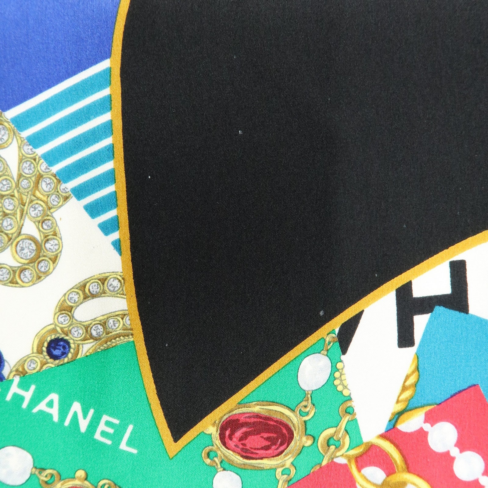 CHANEL COCO Mark Jewelry Motif Silk 100% Scarf Black Multicolor