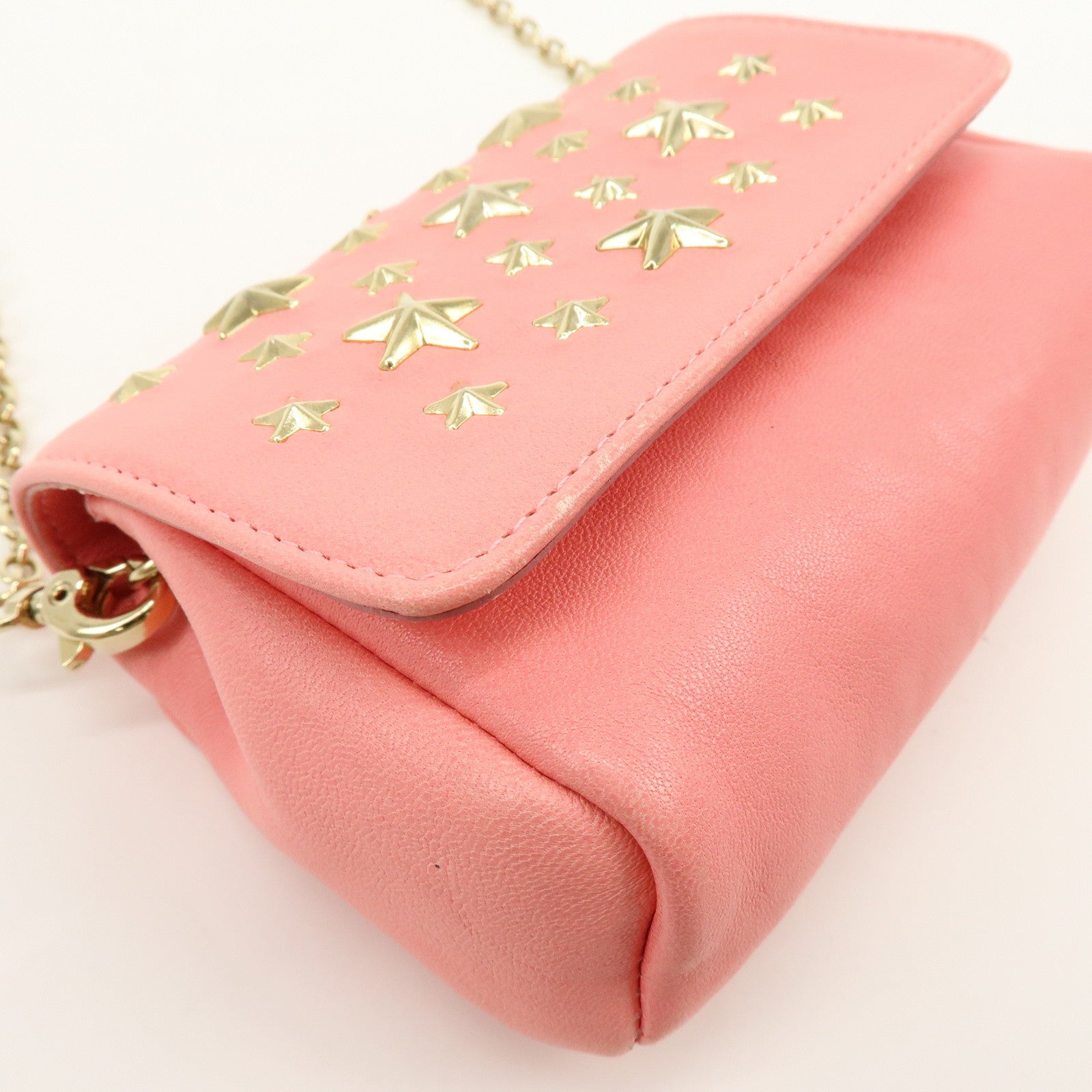 JIMMY CHOO Studs Leather Chain Shoulder Bag Crossbody Bag Pink