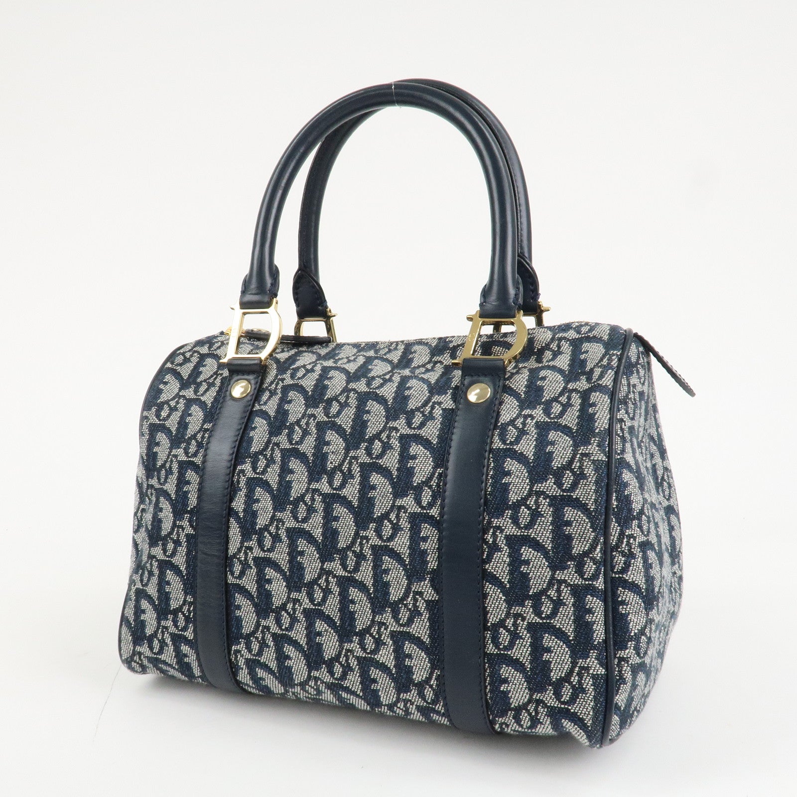 Christian Dior Trotter Leather Canvas Boston Bag Navy White Used