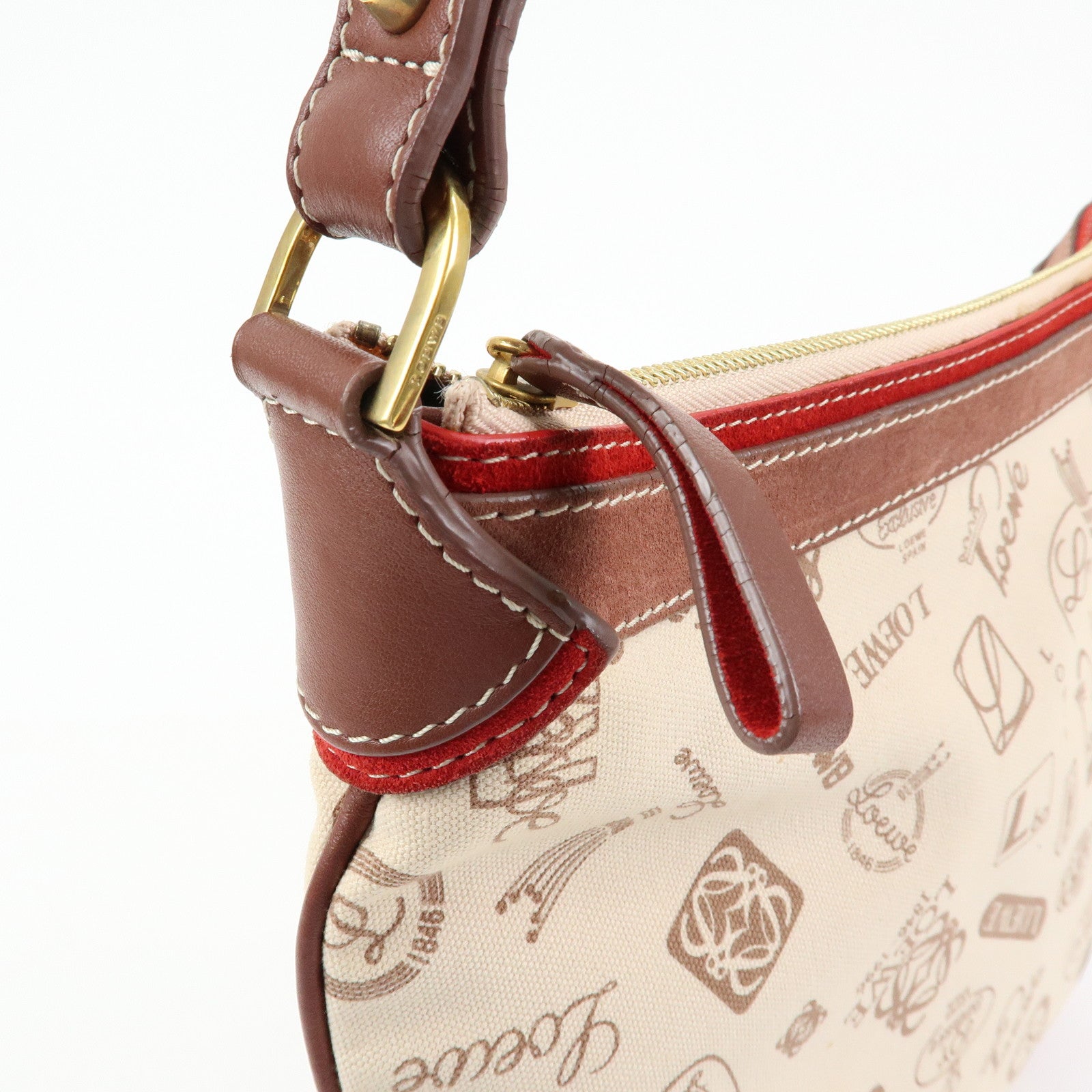 LOEWE Canvas Leather Suede Shoulder Bag Hand Bag Beige Red