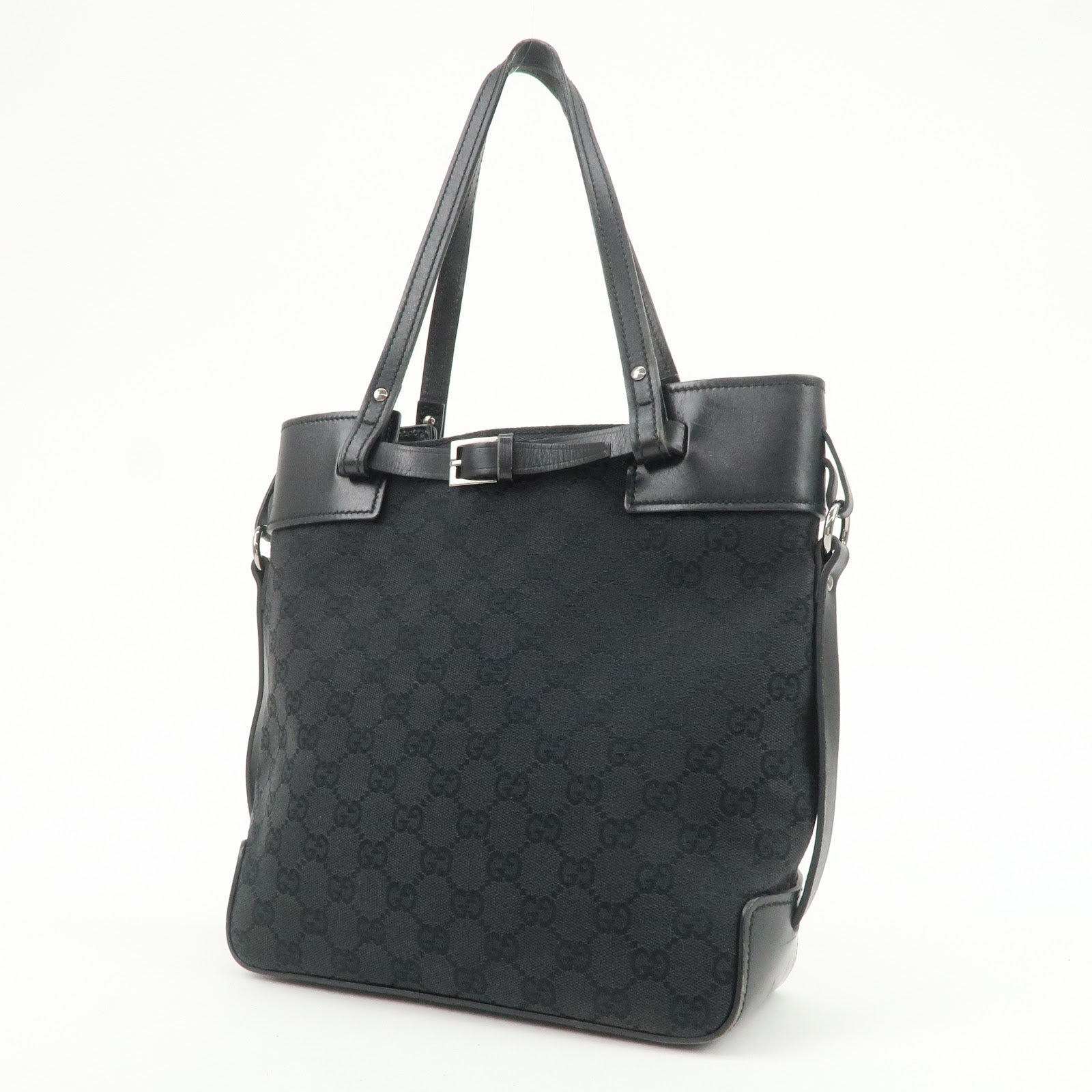 GUCCI GG Canvas Leather Tote Bag Hand Bag Shoulder Bag Black 107757