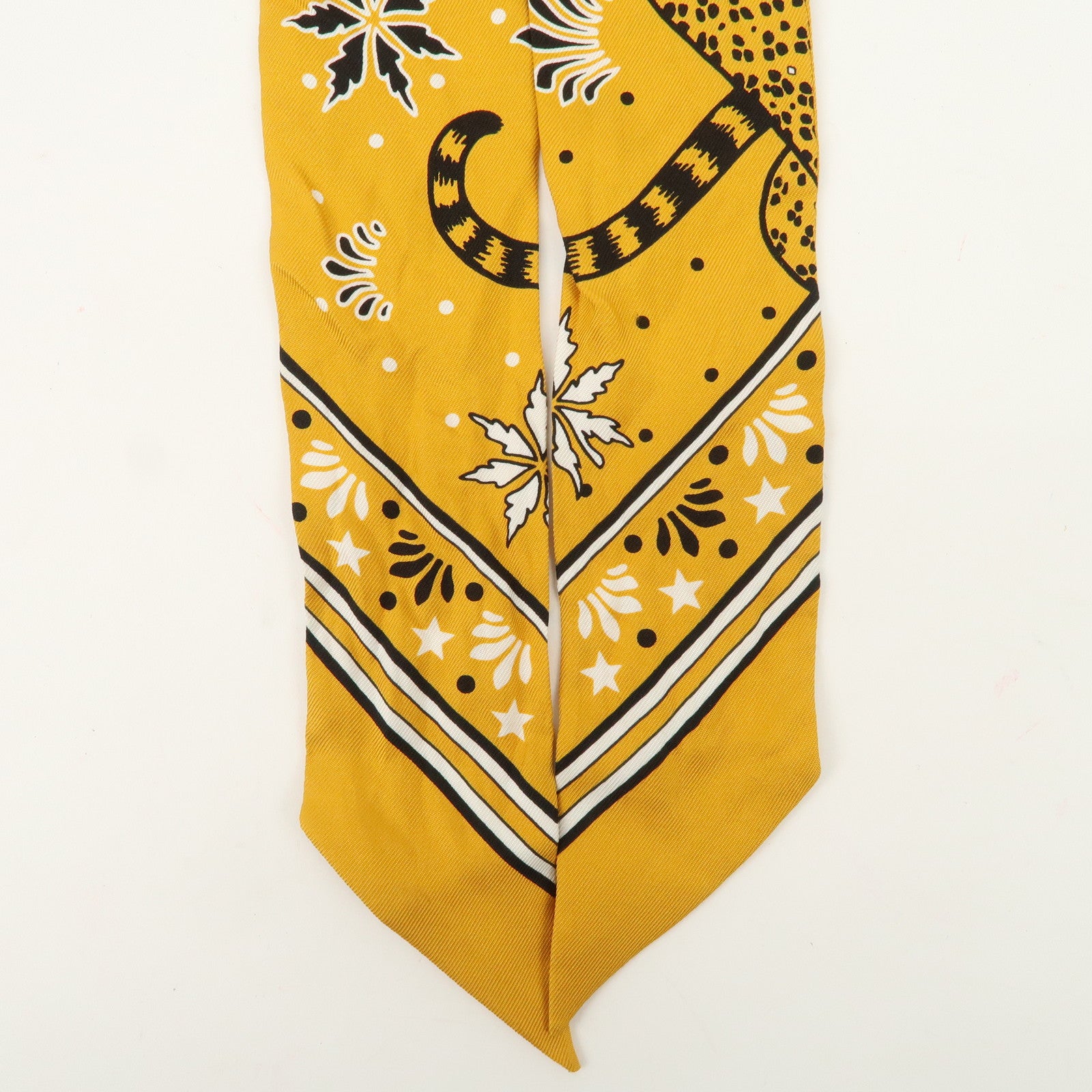 HERMES Silk 100% Twilly Scarf LES LEOPARDS Yellow Black White