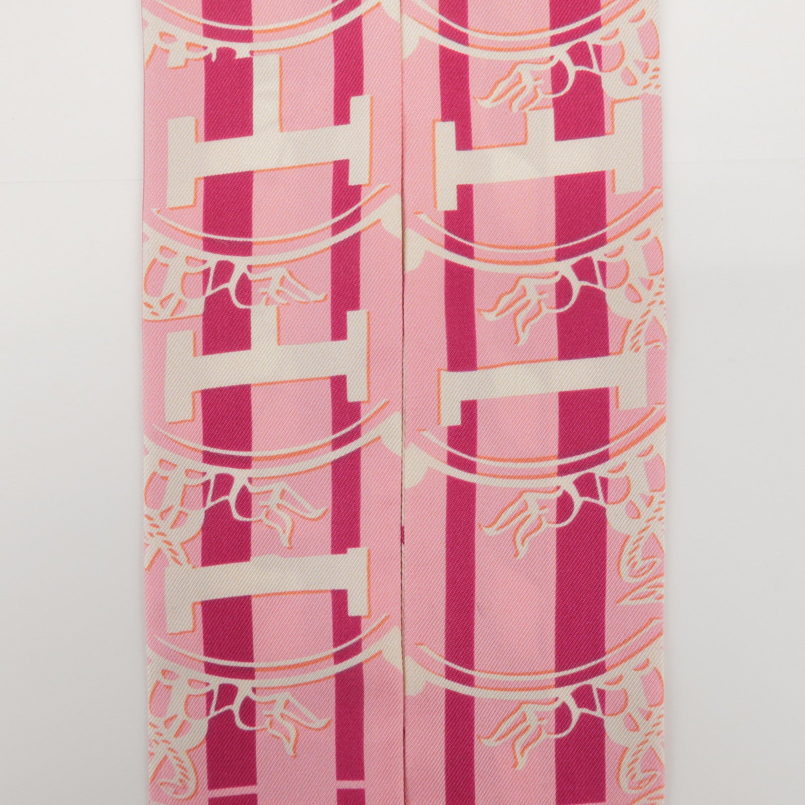 HERMES Twilly 100% Silk Scarf GINZA Logo Motif Pink White