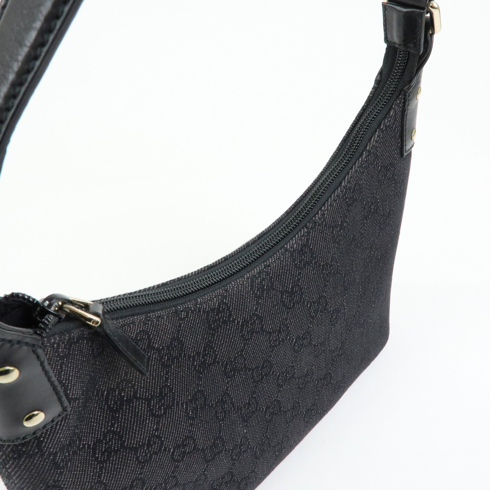 GUCCI GG Denim Canvas Leather Shoulder Bag Hand Bag Black 240020