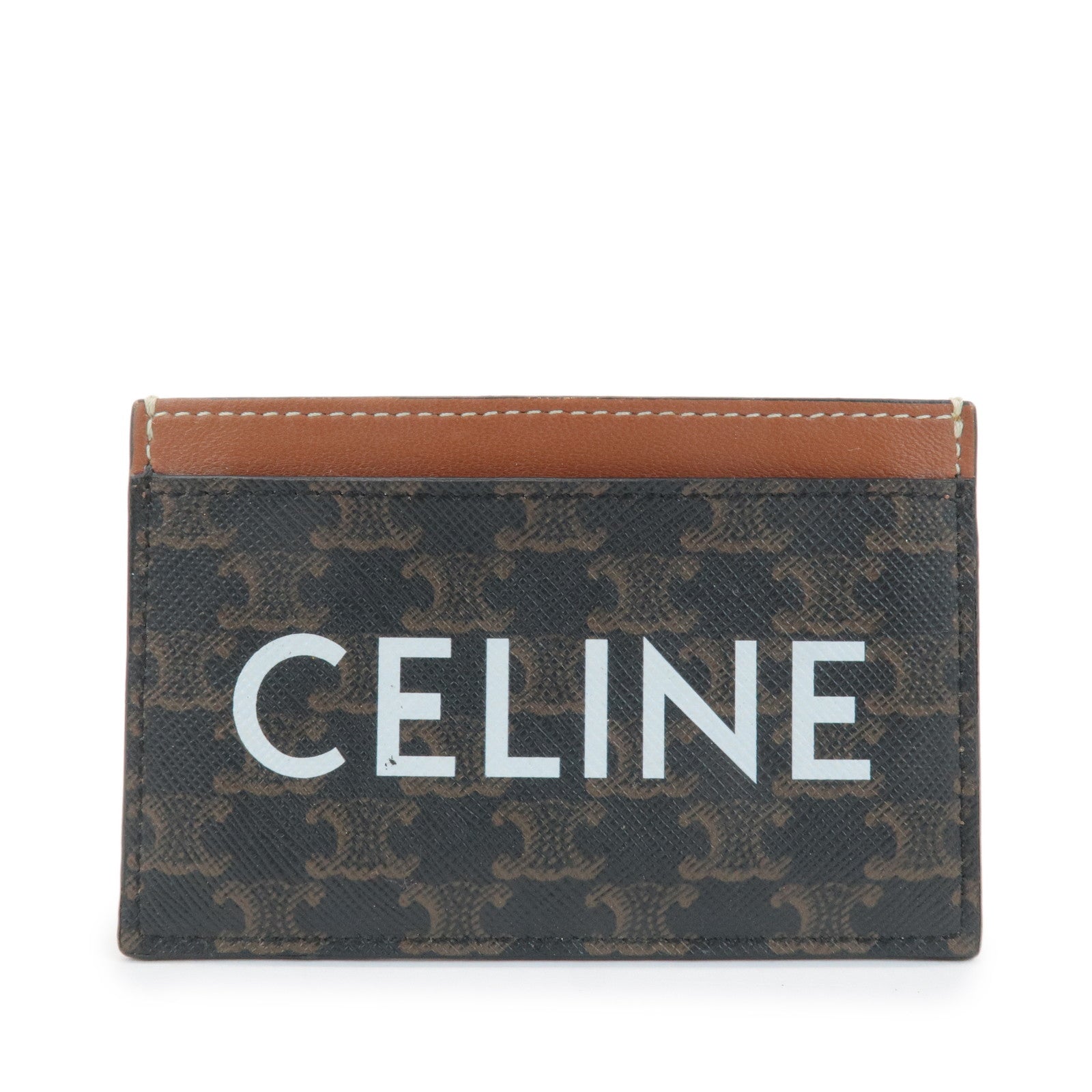 CELINE Leather Canvas Triomphe Card Case Black Brown 10B702CLY