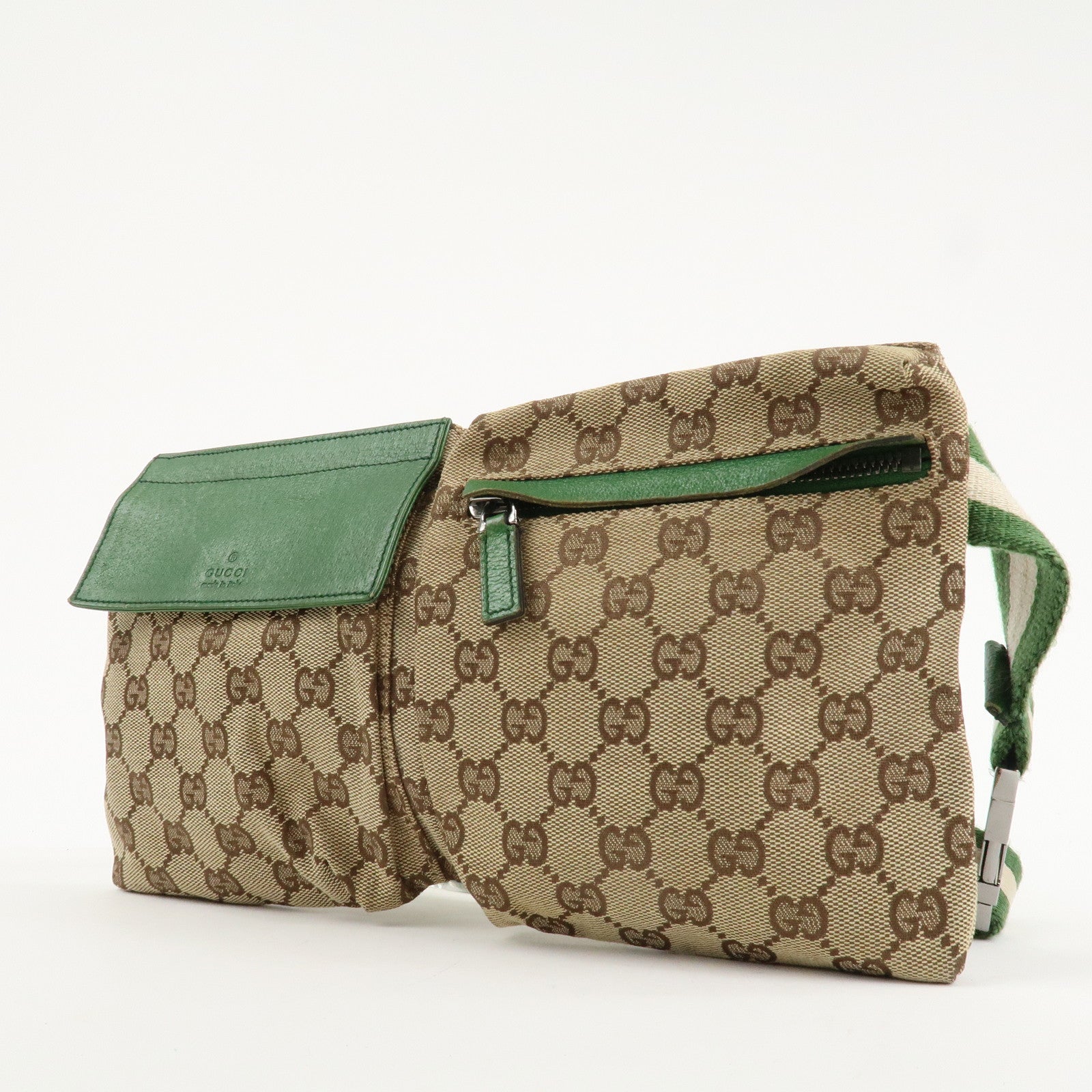 GUCCI GG Canvas Leather Waist Bag Crossbody Bag Beige Green 28566 Used