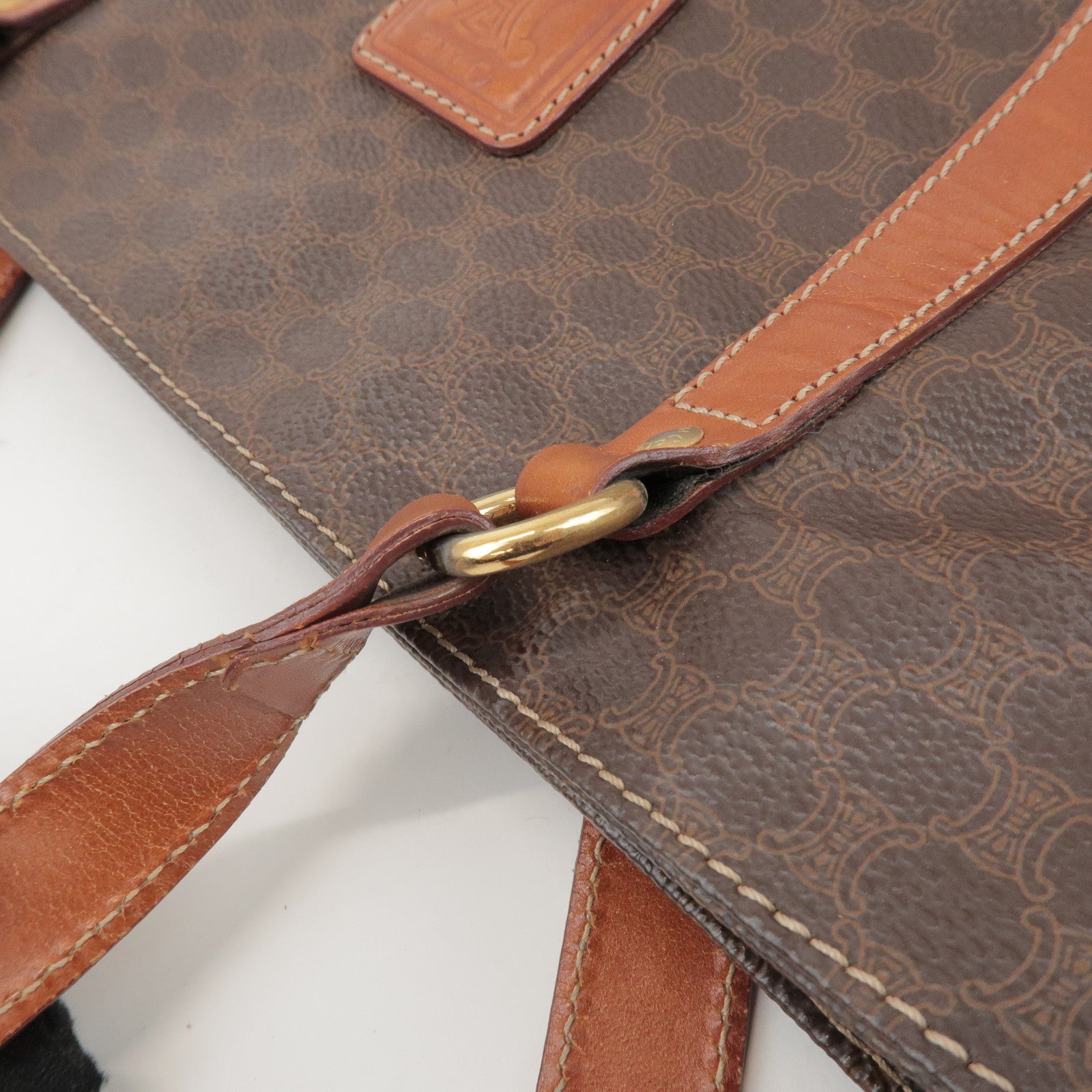 CELINE Macadam PVC Coated Canvas Leather Tote Bag Hand Bag Brown
