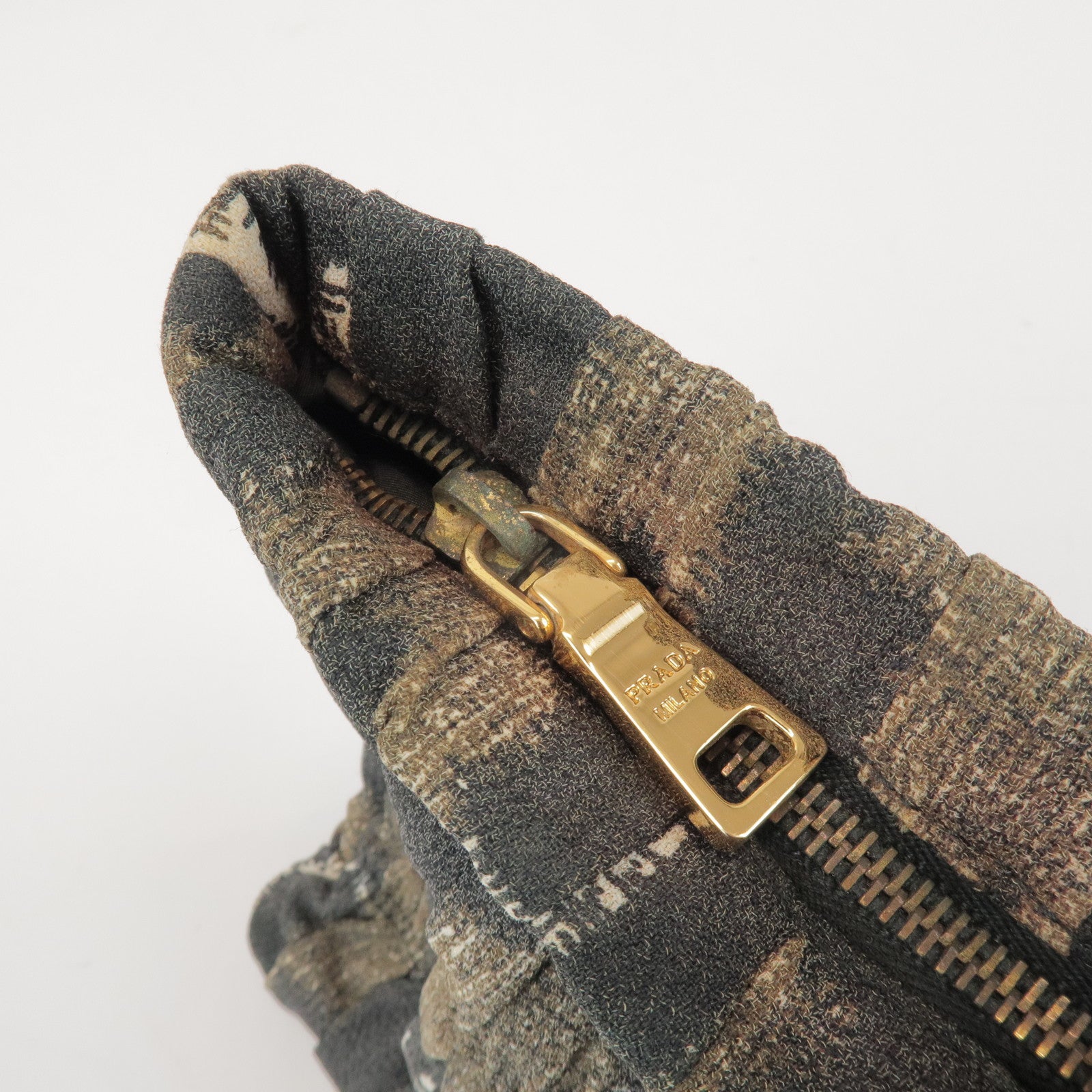 PRADA Logo Canvas Camouflage Gathered Design Clutch Bag Khaki Black