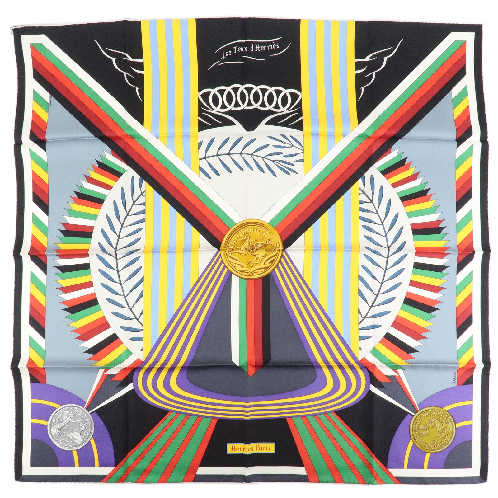 HERMES Carre 90 Silk 100% Scarf LES JEUX D'HERMES Black Used