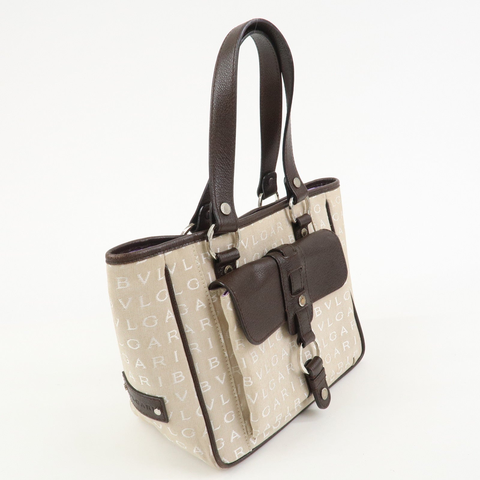 BVLGARI Logo Mania Canvas Leather Tote Bag Hand Bag Beige Brown