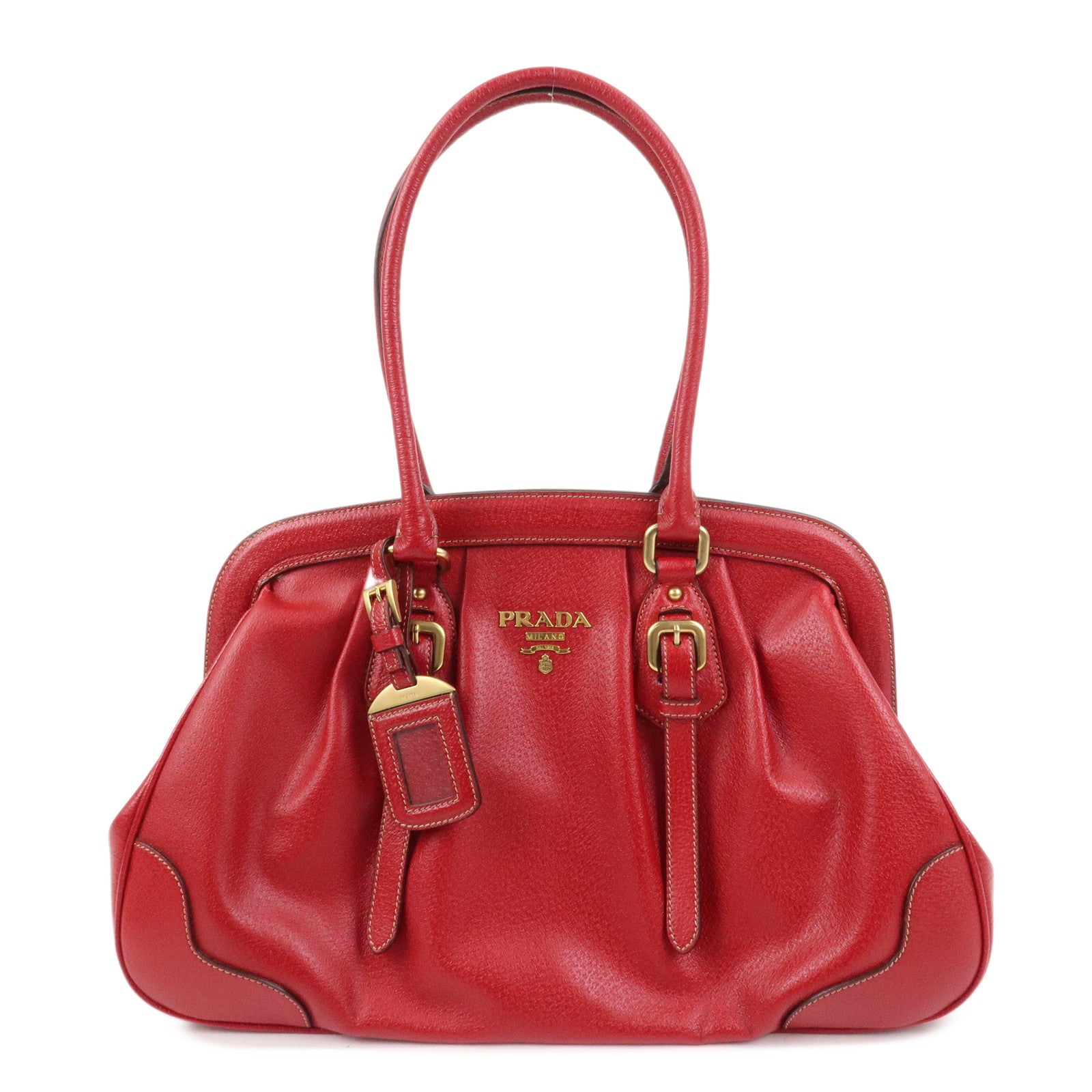 PRADA Logo Leather Hand Bag Shoulder Bag Red BR3508