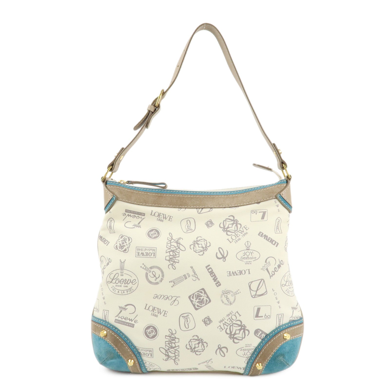 LOEWE Anagram Canvas Suede Leather Shoulder Bag Beige Blue Used