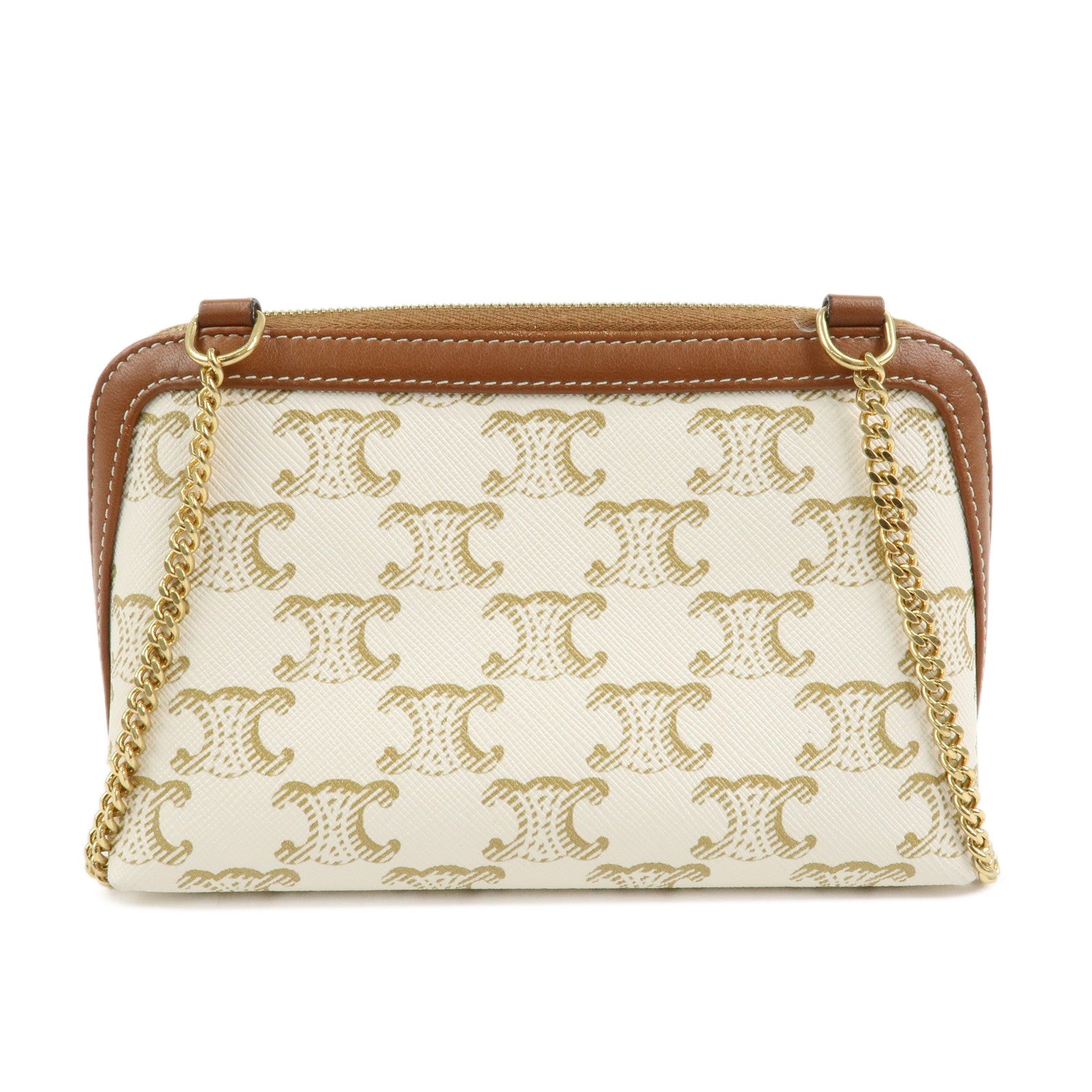 CELINE Triomphe Canvas Lamb Skin Chain Shoulder Bag Ivory Brown