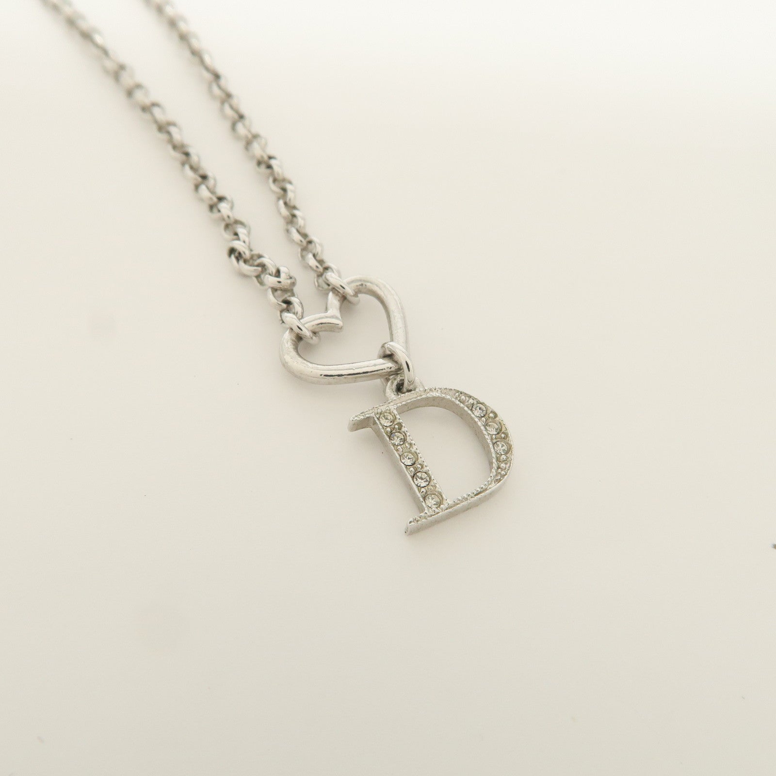Christian Dior D Logo Heart Pendant Metal Necklace Silver