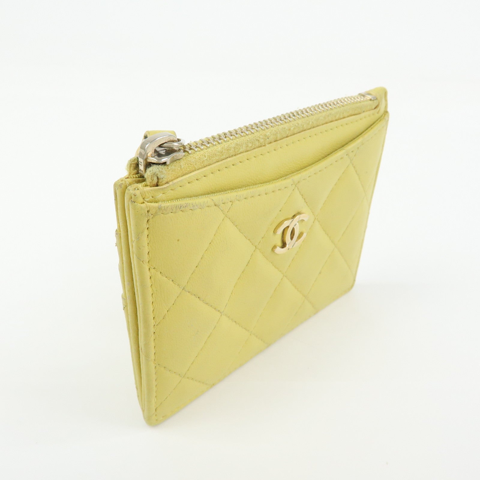 CHANEL Matelasse COCO Mark Lamb Skin Card Case Card Holder Yellow