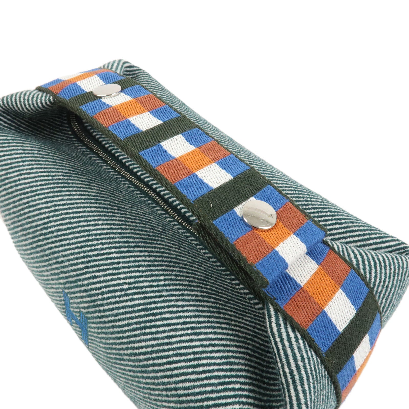 HERMES Bride A Brac PM Canvas Leather Plaid Hand Bag Pouch Green