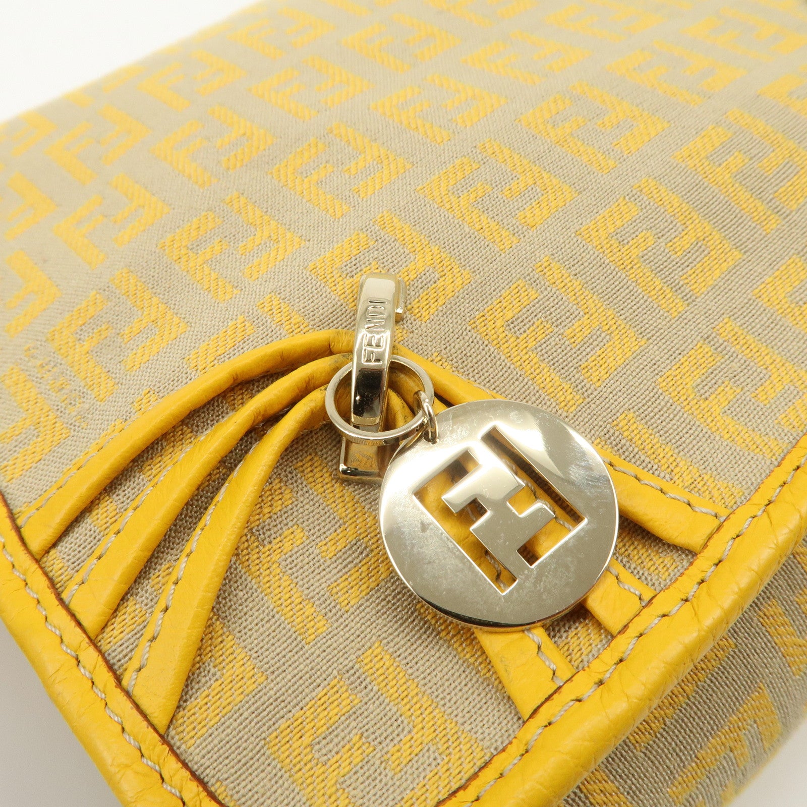 FENDI Zucchino Canvas Leather Shoulder Bag Beige Yellow 8BT089