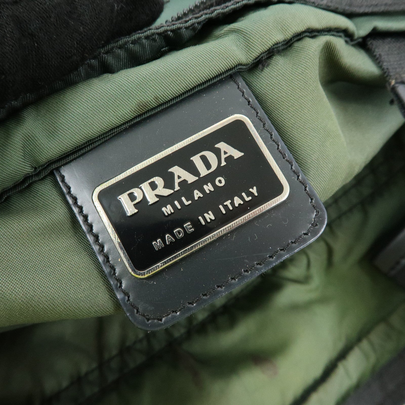 PRADA Triangle Logo Nylon Leather Tote Bag Hand Bag Moss Green