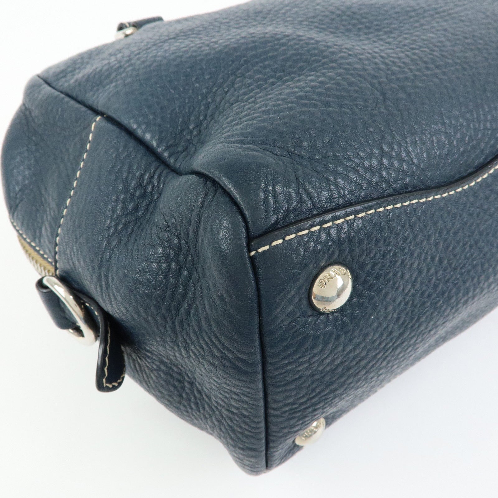 PRADA Calf Leather Boston Bag Shoulder Bag Hand Bag Navy BR3091