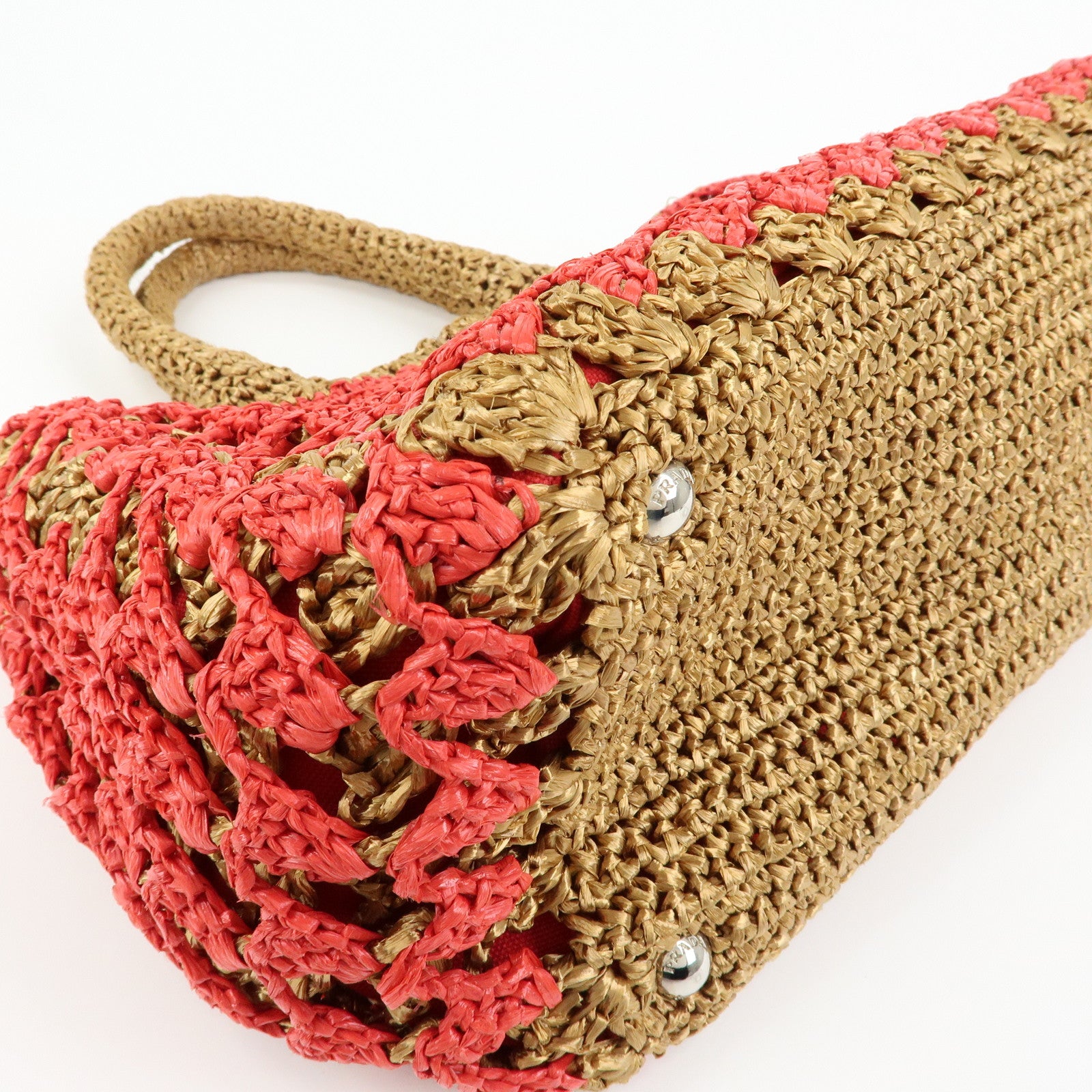 PRADA Triangle Logo Raffia 2Way Bag Hand Bag Shoulder Bag Red Brown