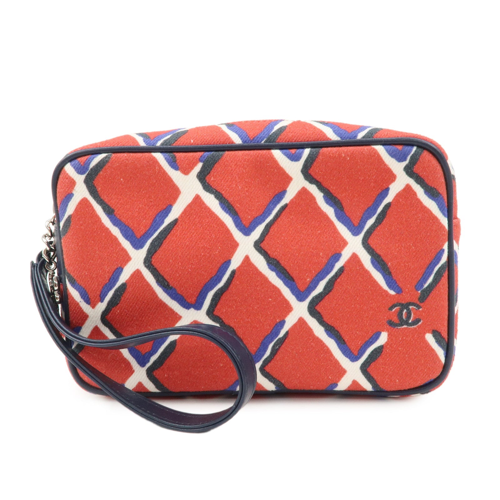 CHANEL COCO Mark COCO Beach Canvas Pouch Red Navy Silver HDW Used