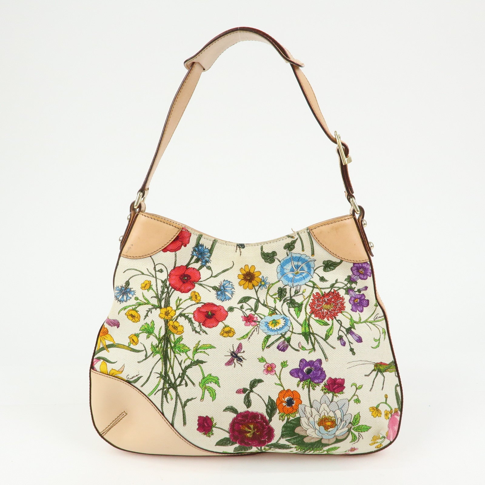 GUCCI Horsebit Flora Leather Canvas Shoulder Bag Beige White 137388