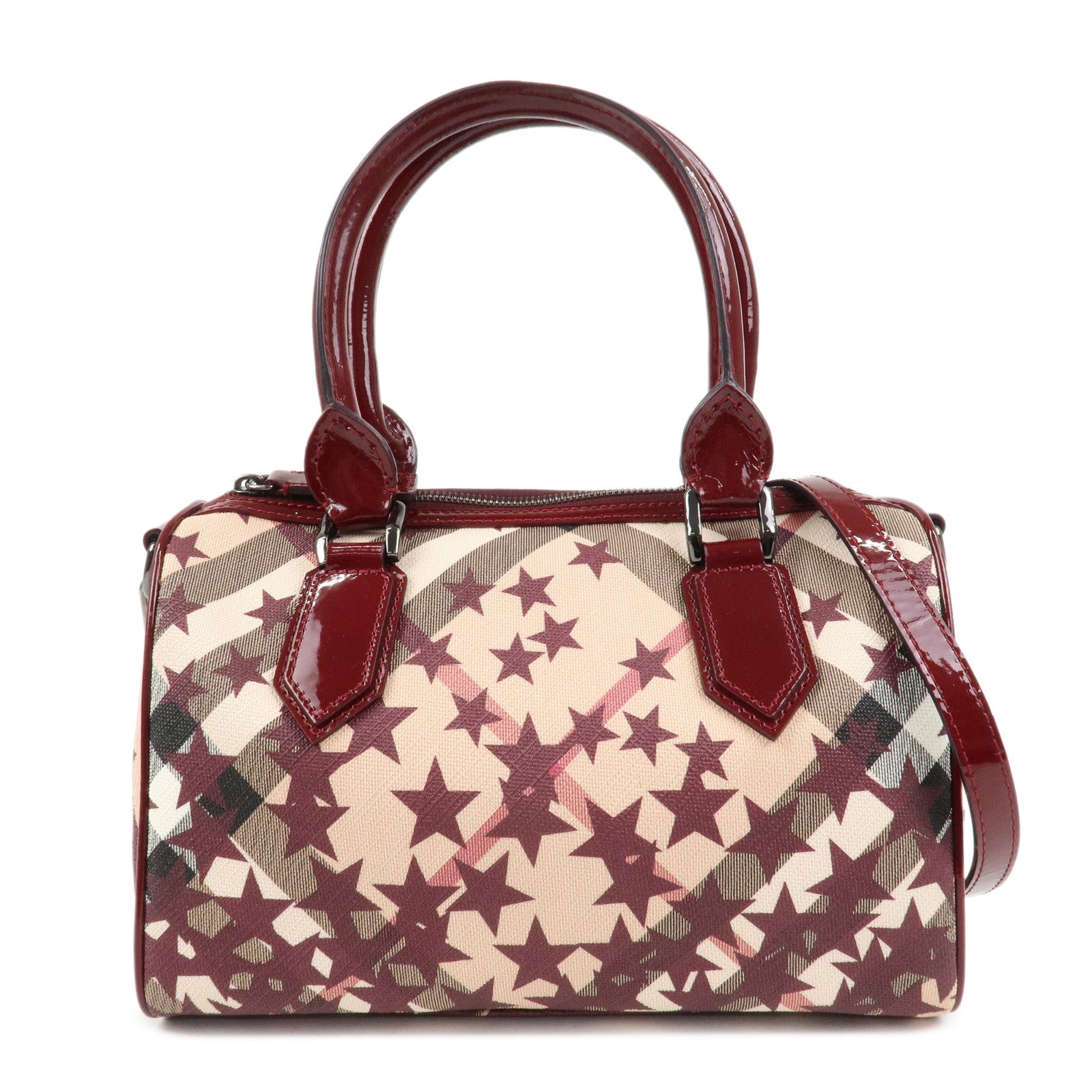 BURBERRY PVC Canvas Patent Leather Boston Bag Beige Bordeaux