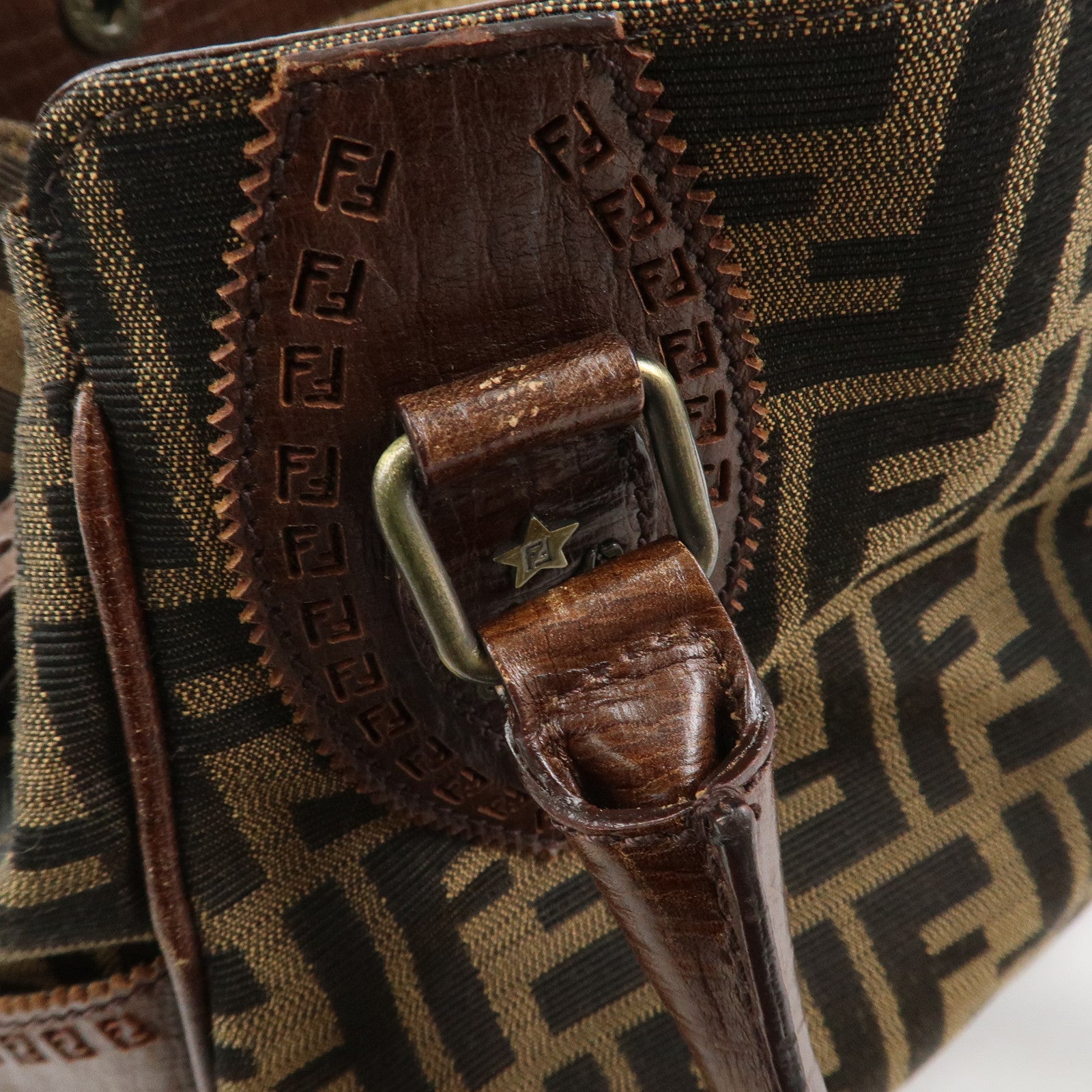 FENDI Etnico Canvas Leather Shoulder Bag Brown Black 8BN157