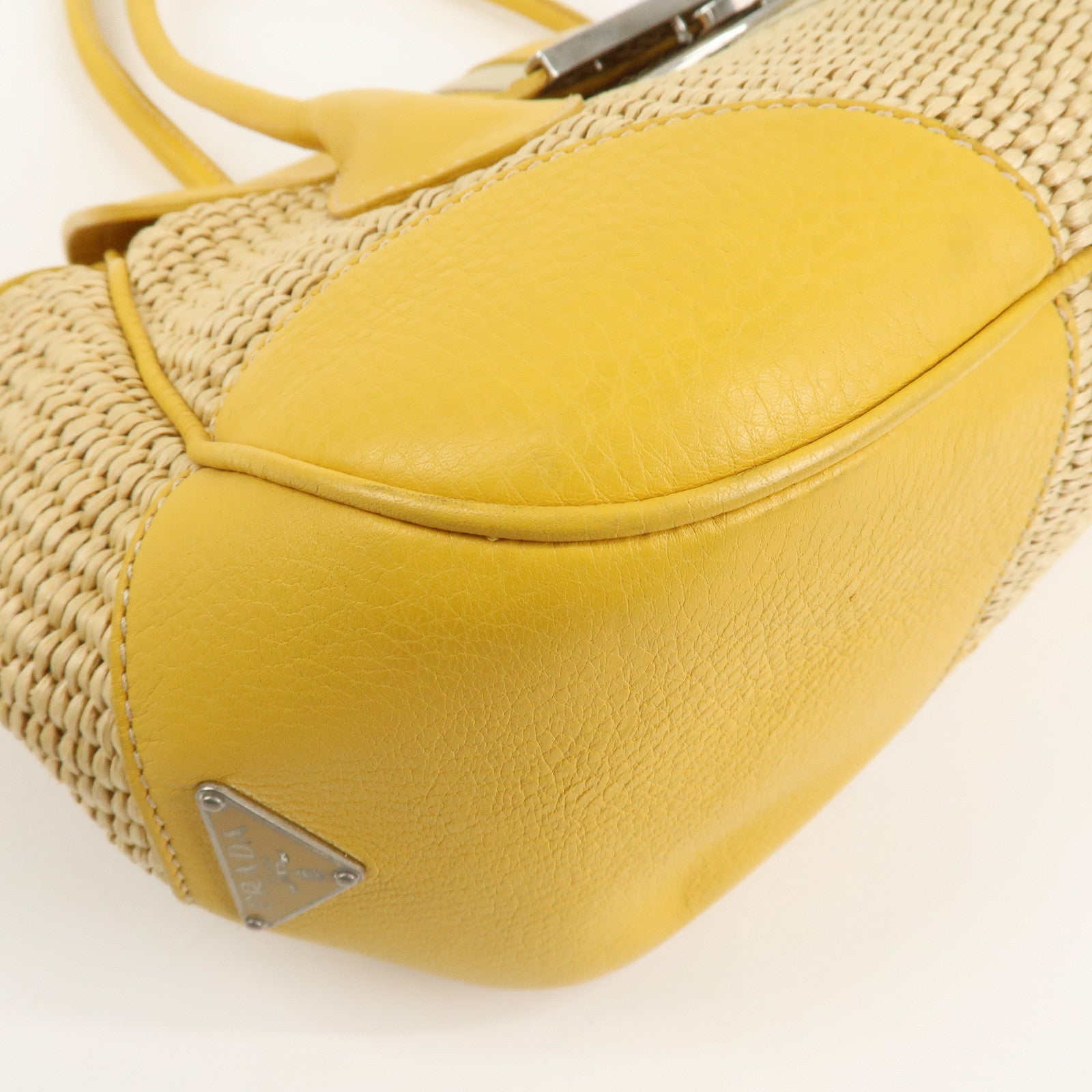 PRADA Triangle Logo Leather Raffia Tote Bag Beige Yellow Used