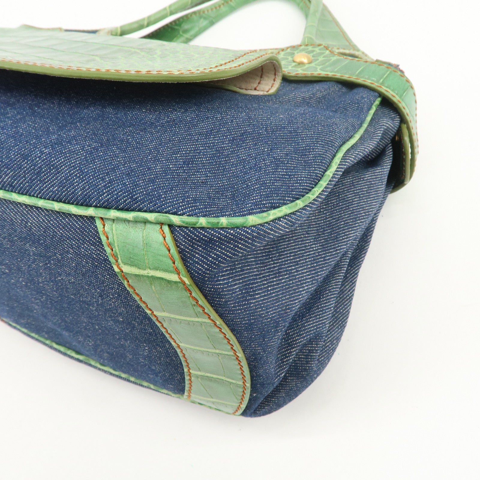 TOD’S Logo Denim Emboss Leather Hand Bag Shoulder Bag Blue Green