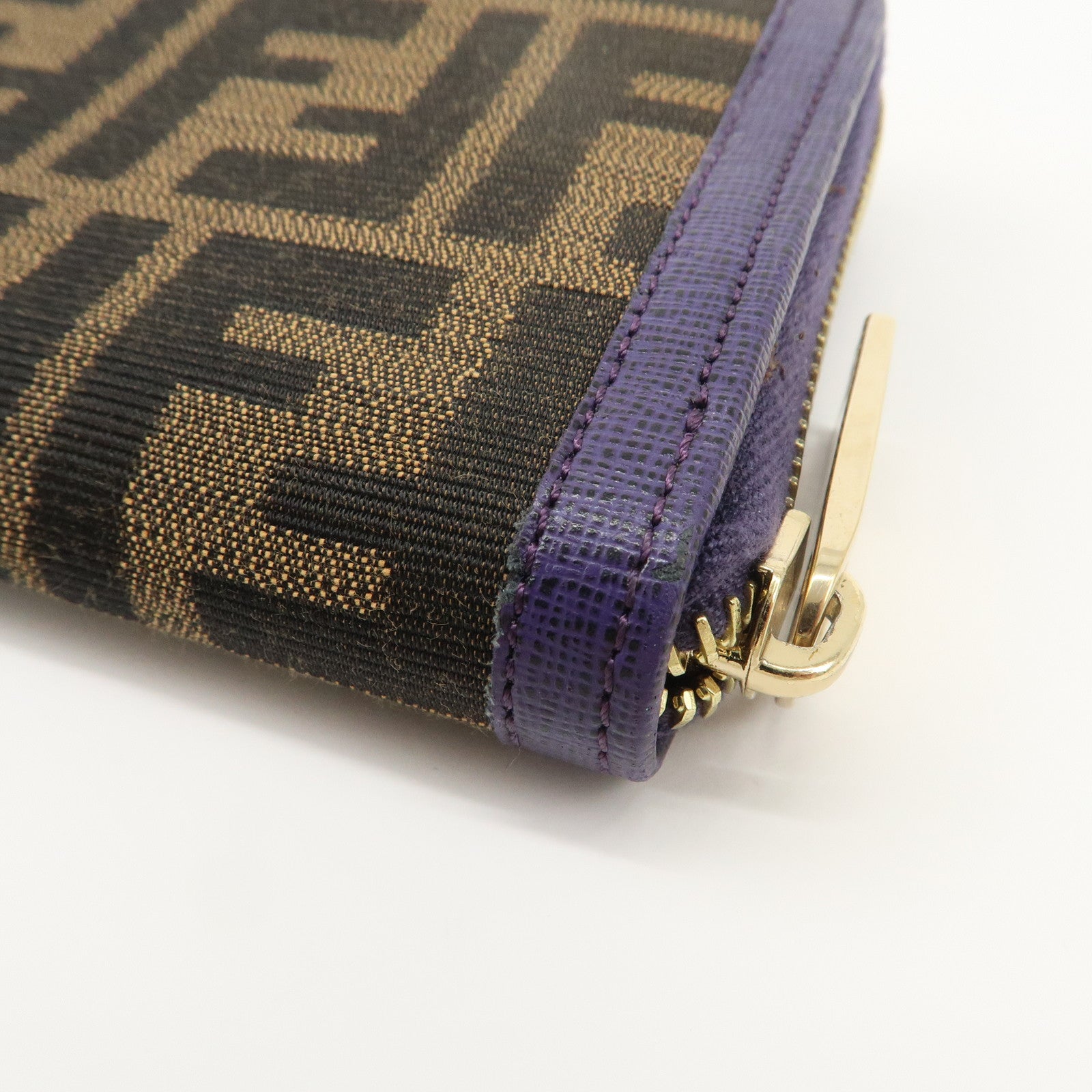 FENDI Zucchino Canvas Leather Round Zippy Long Wallet Brown Purple 8M0024 Used