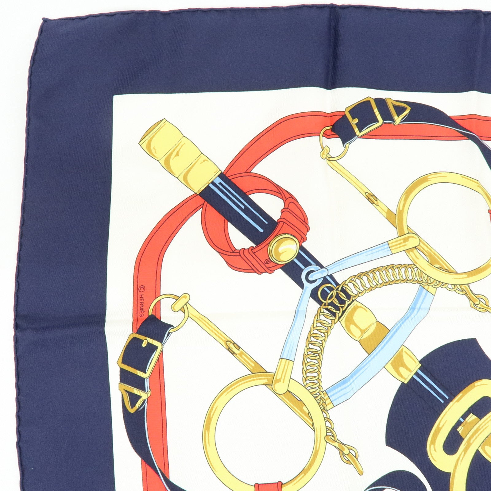 HERMES Carre 90 Silk 100% Scarf Eperon d'or Navy White Yellow Red
