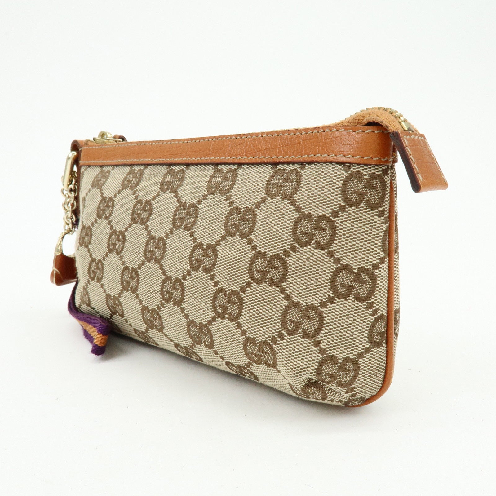 GUCCI Sherry GG Canvas Leather Cosmetic Pouch Beige Camel 152507