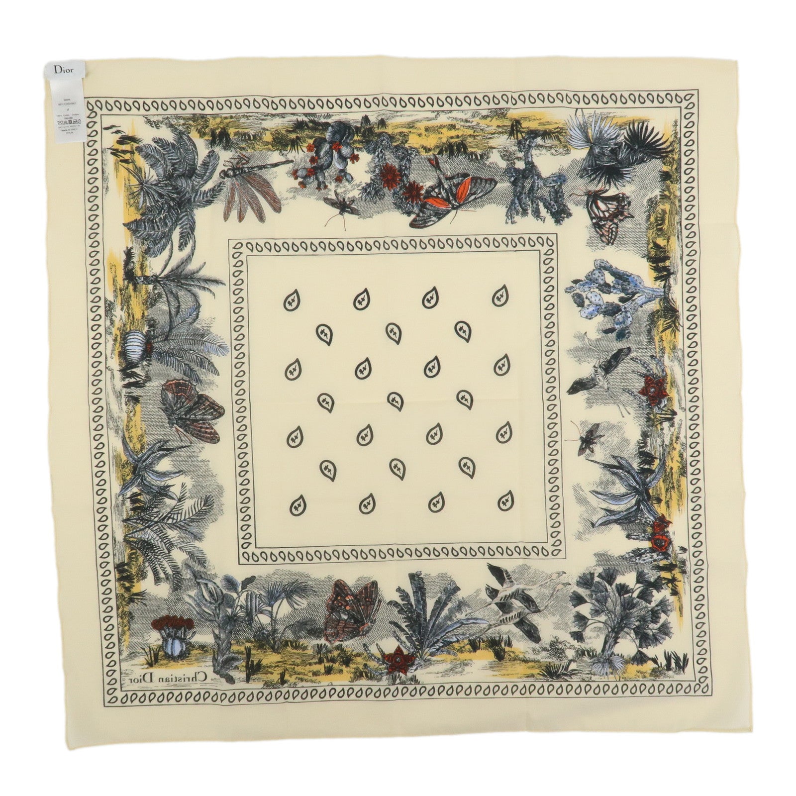 Christian Dior Cotton100% Scarf Cactus Butterfly 55×55 Yellow Beige