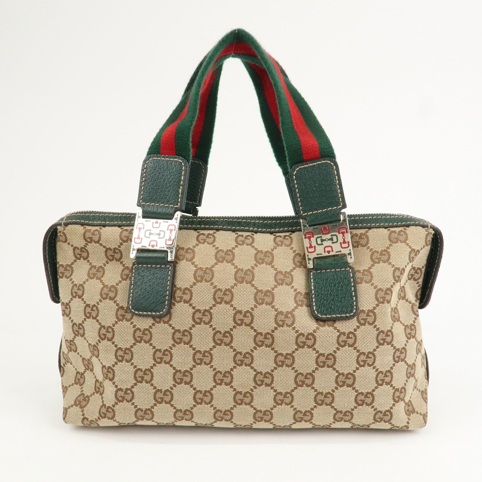 GUCCI Sherry GG Canvas Leather Hand Bag Beige Green 145759