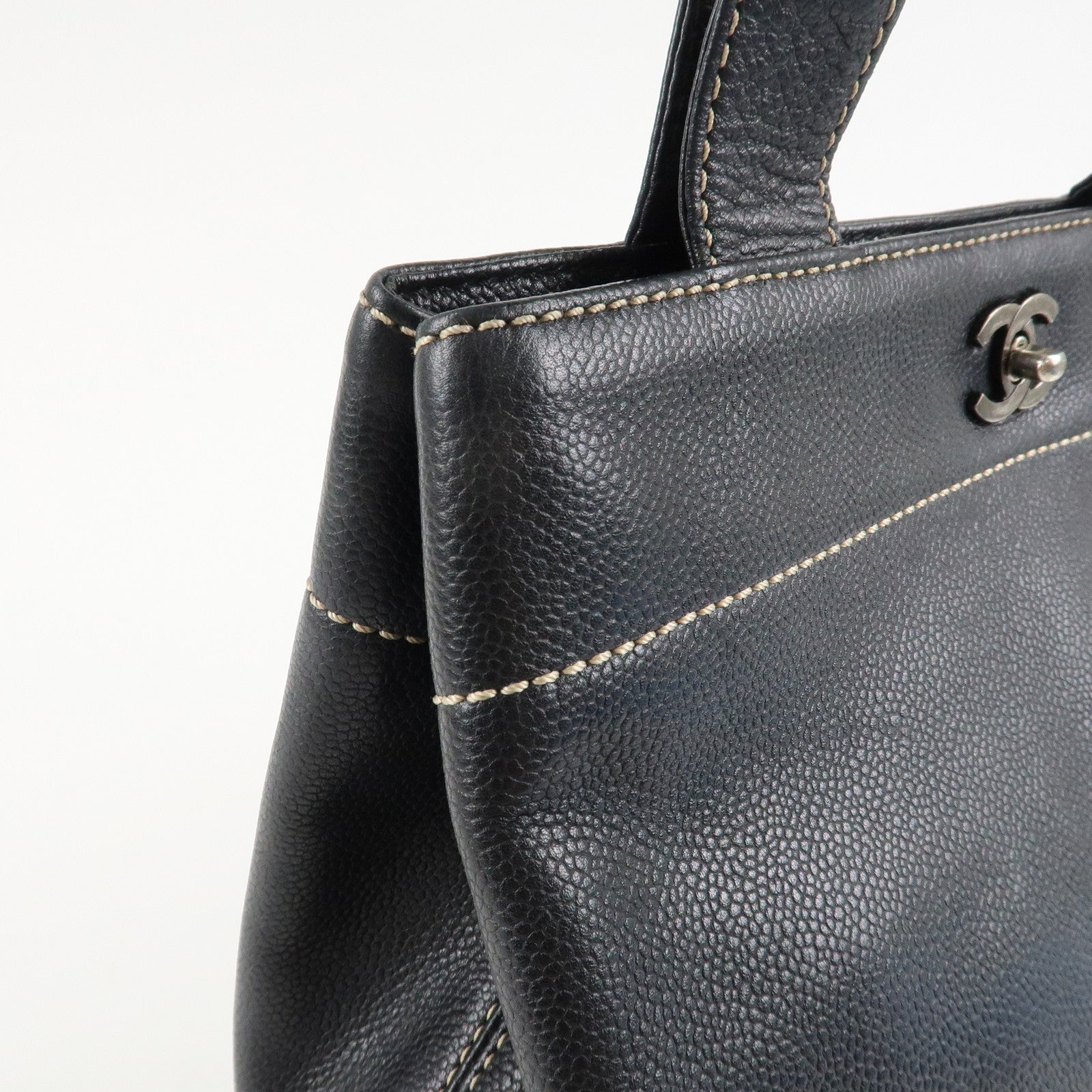 CHANEL Caviarskin COCO Mark Turn Lock 2Way Hand Bag Black Used