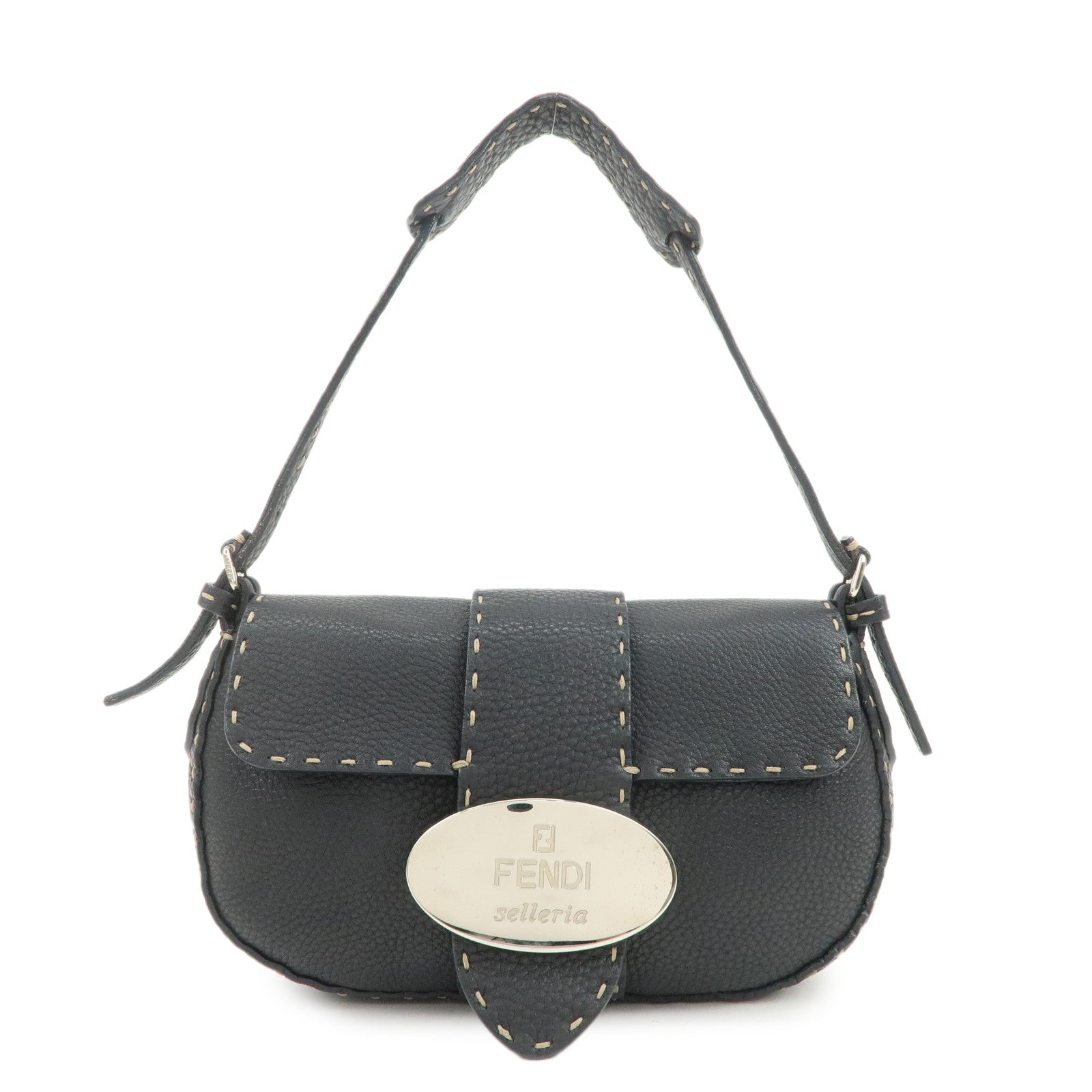 FENDI Seleria Leather Hand Bag Shoulder Bag Black 8BR430