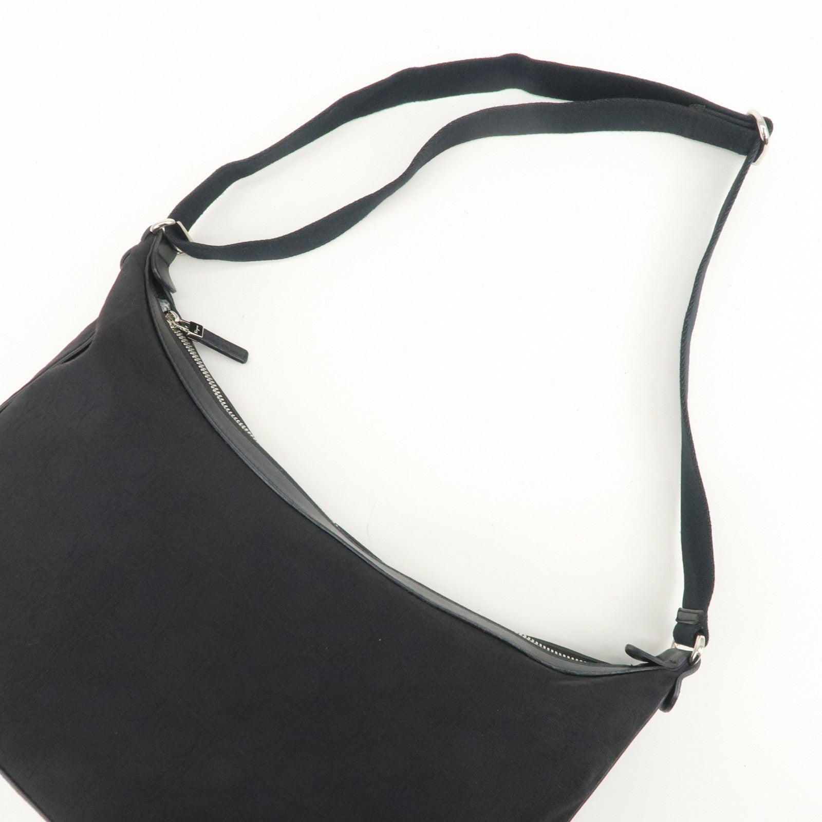 Ferragamo Gancini Logo Nylon Canvas Leather Shoulder Bag Black
